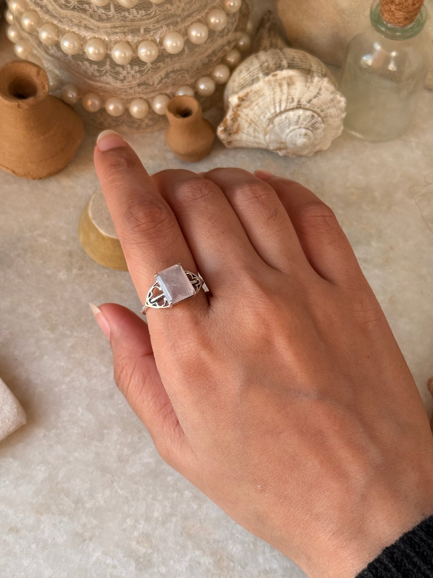 handcrafted 925 sterling silver rose quartz rectangle gemstone ring