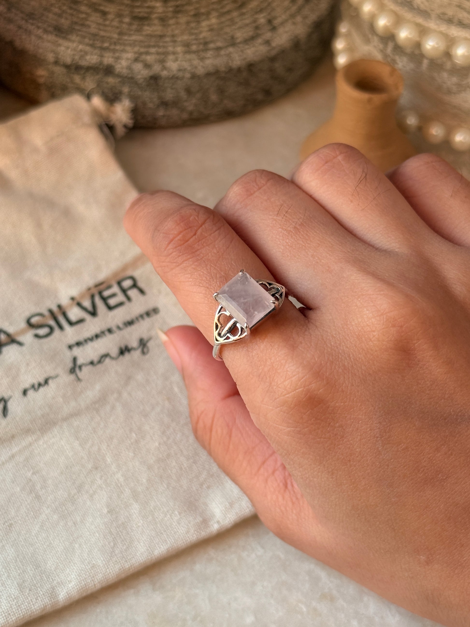unique 925 sterling silver rose quartz rectangle ring