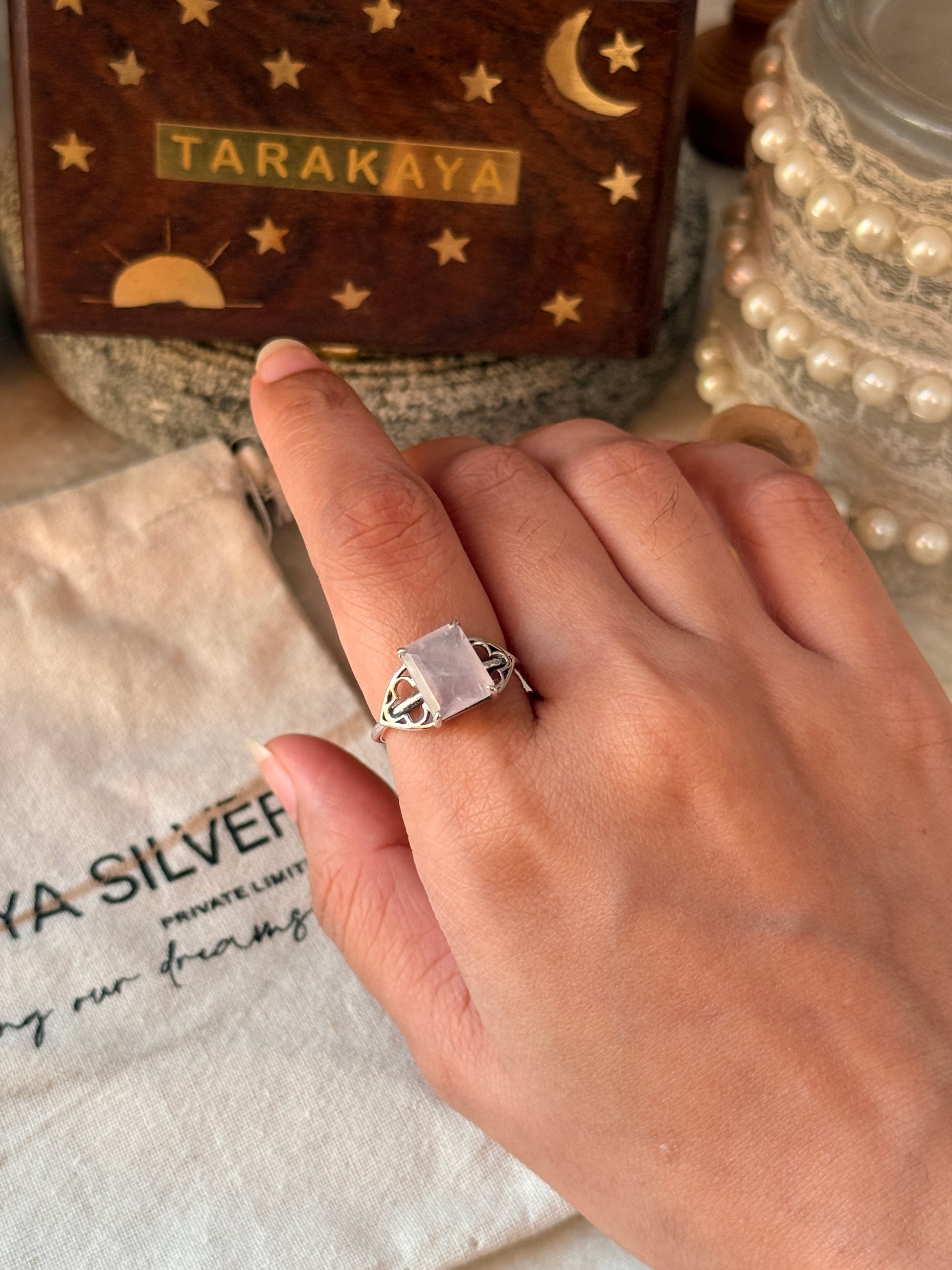 elegant rose quartz rectangular gemstone 925 sterling silver ring  