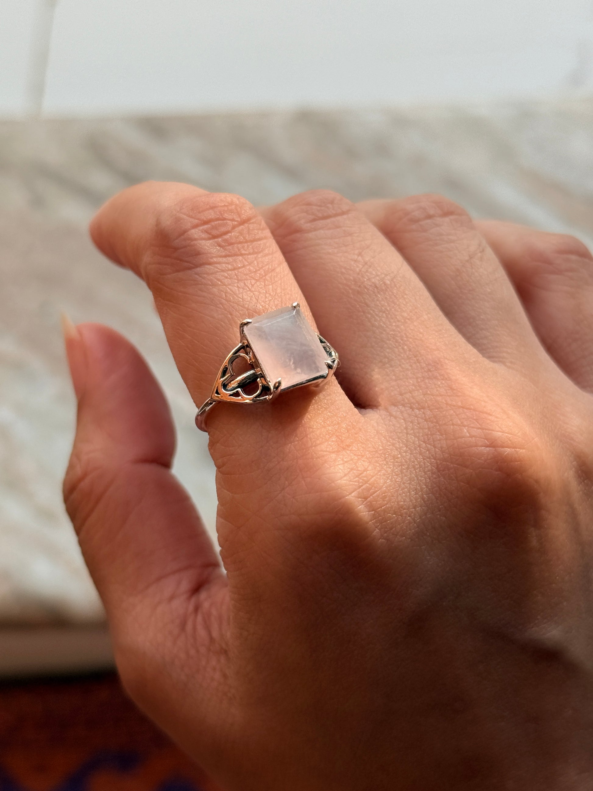 artisan 925 sterling silver rose quartz rectangular band ring  