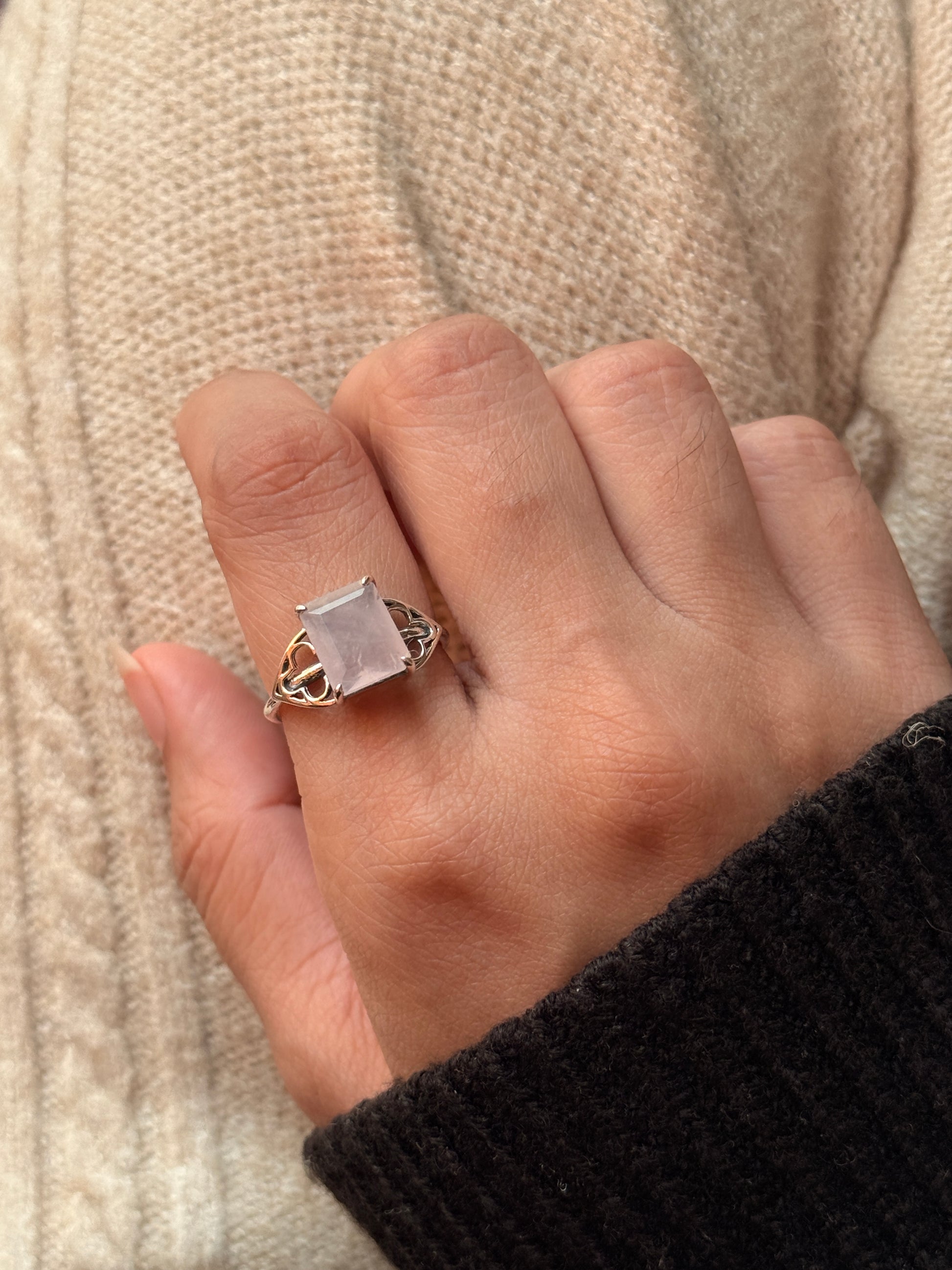 classic 925 sterling silver rose quartz rectangular ring