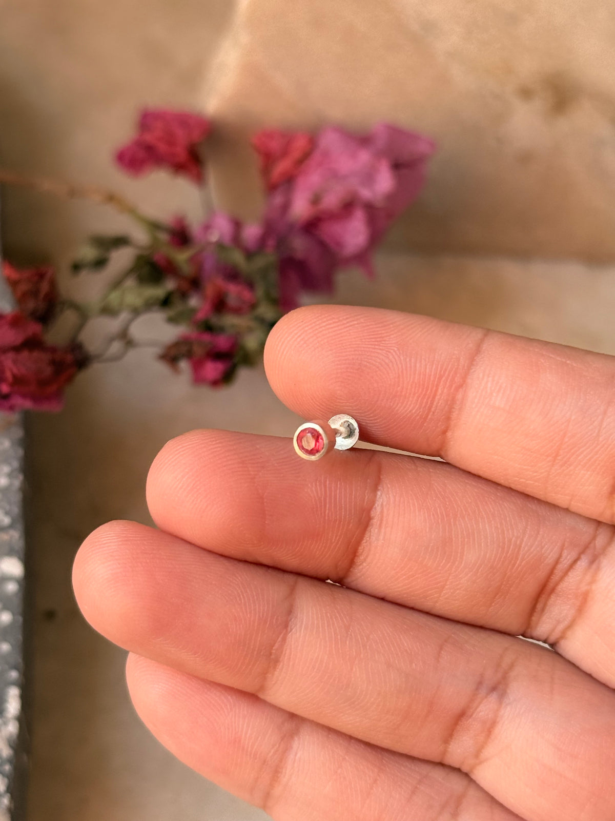 925 Sterling Silver Pink Cz South Screw Back Minimal Nose Pin