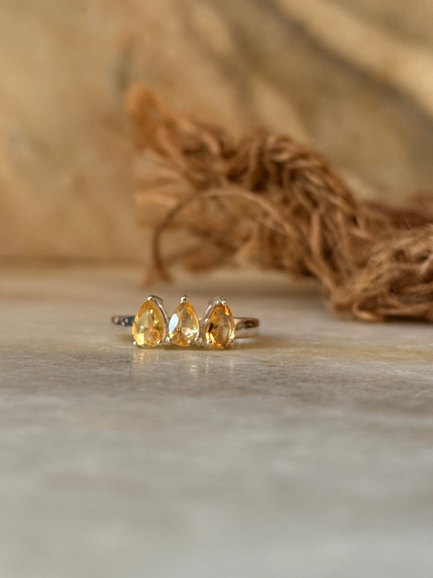 Natural citrine 3 pear gemstone solitaire 925 sterling silver ring