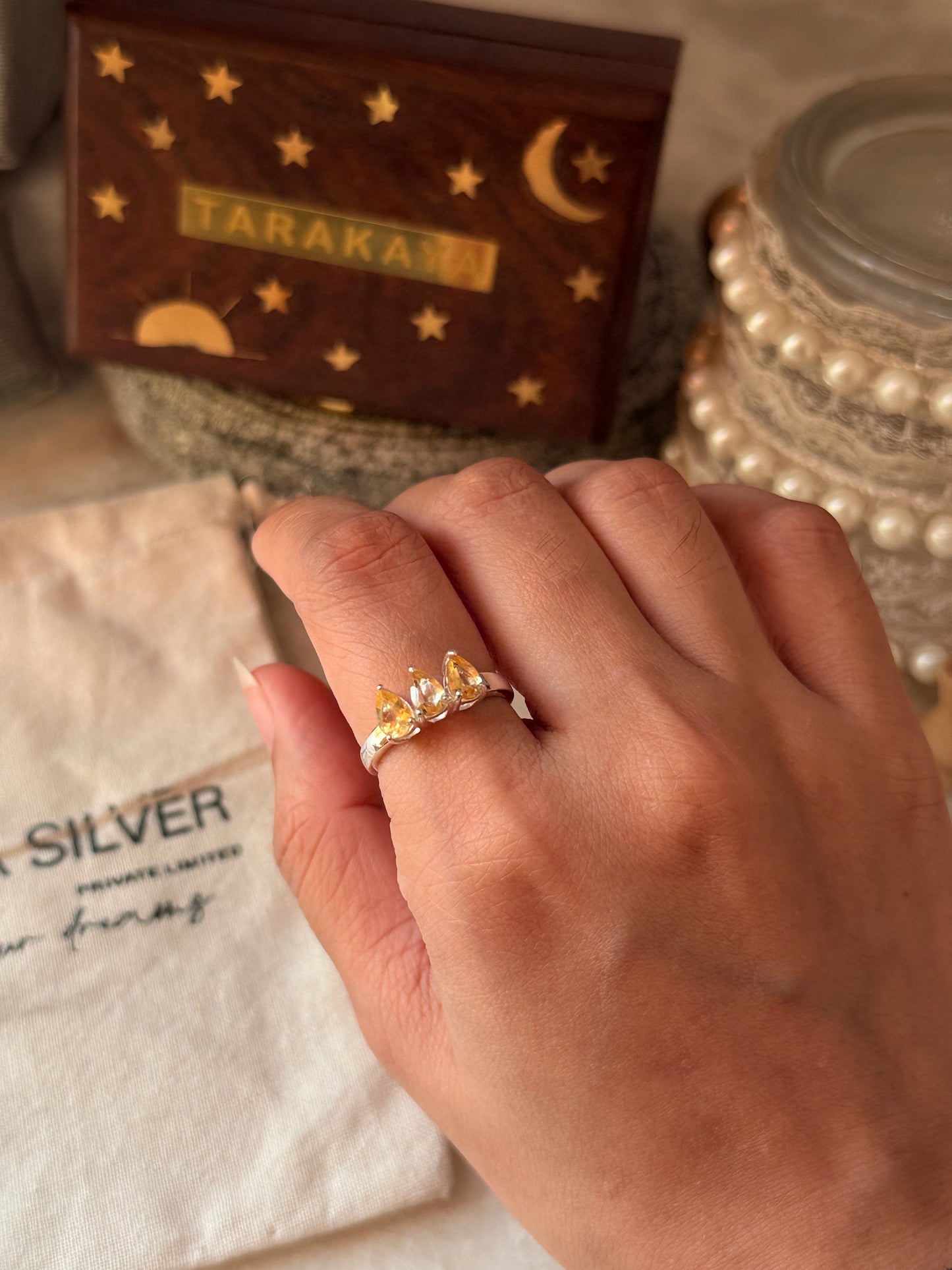 Handmade 925 sterling silver citrine 3 pear solitaire ring