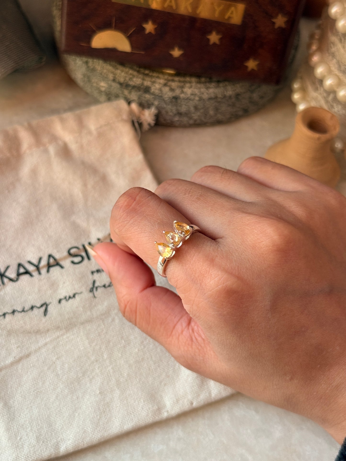 Citrine three pear solitaire ring in 925 sterling silver