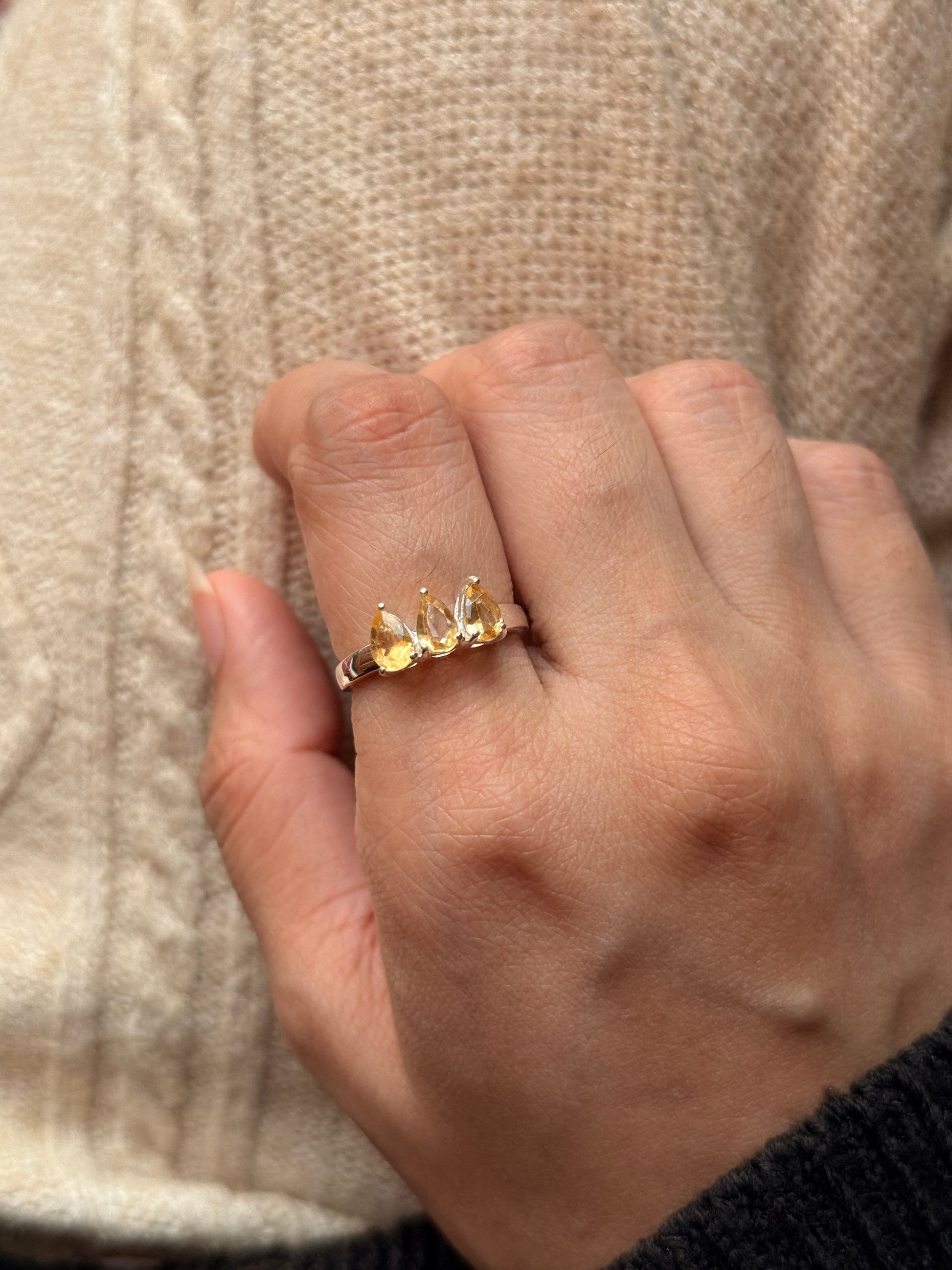 Handmade 925 sterling silver citrine 3 pear solitaire ring  