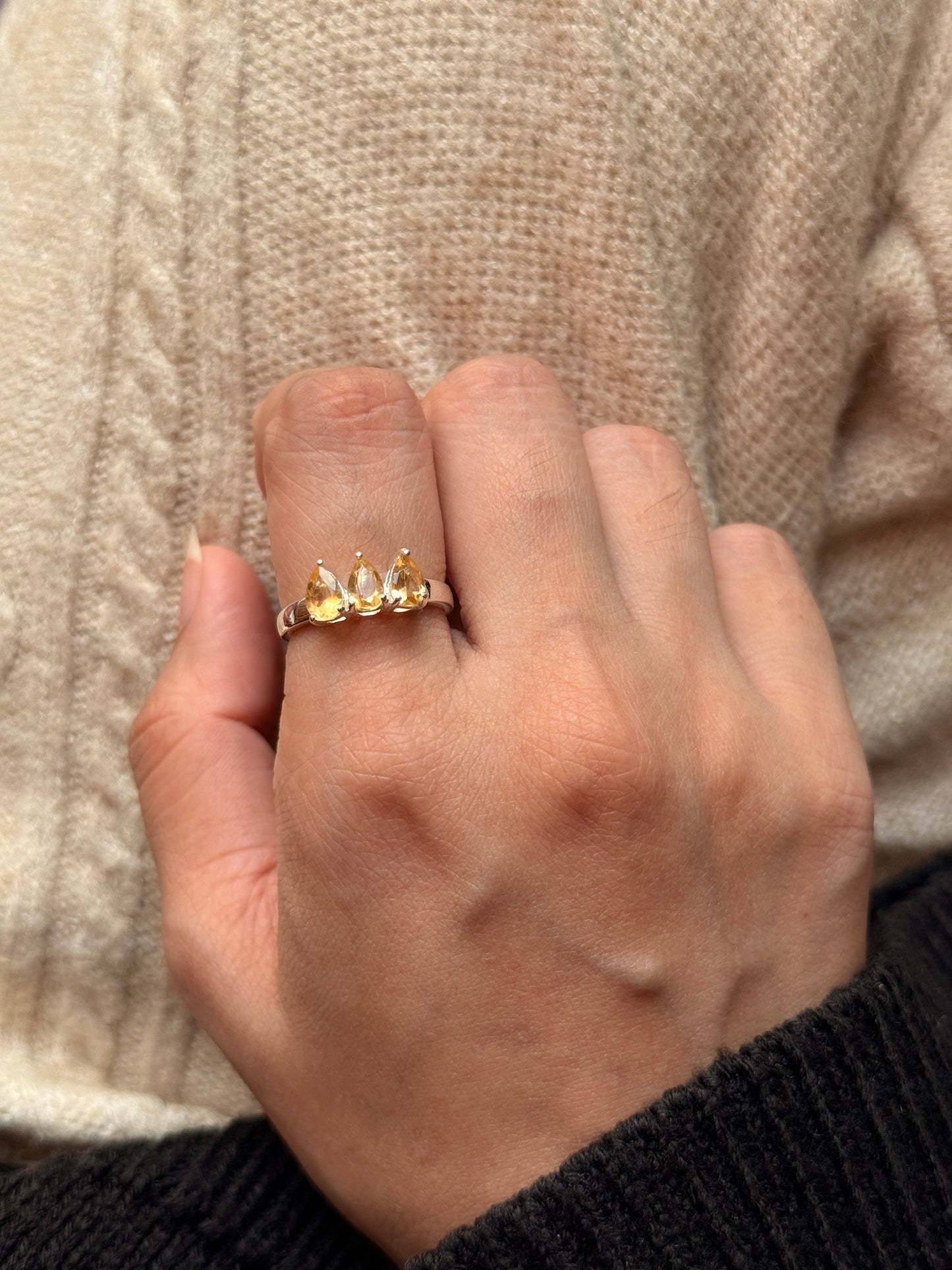 Elegant citrine three pear solitaire 925 sterling silver ring 