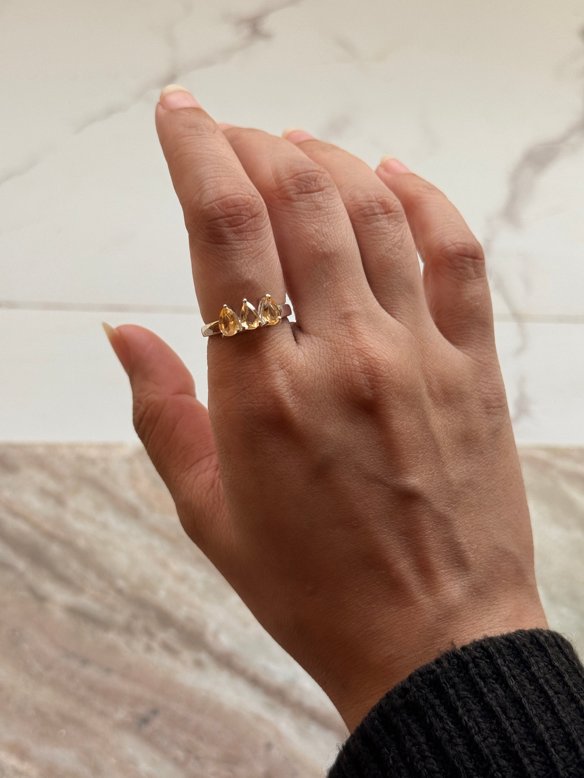 Artisan crafted citrine 3 pear solitaire 925 sterling silver ring  