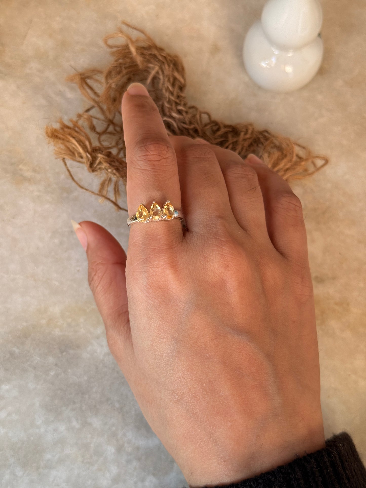 Minimalist citrine 3 pear solitaire 925 sterling silver ring  