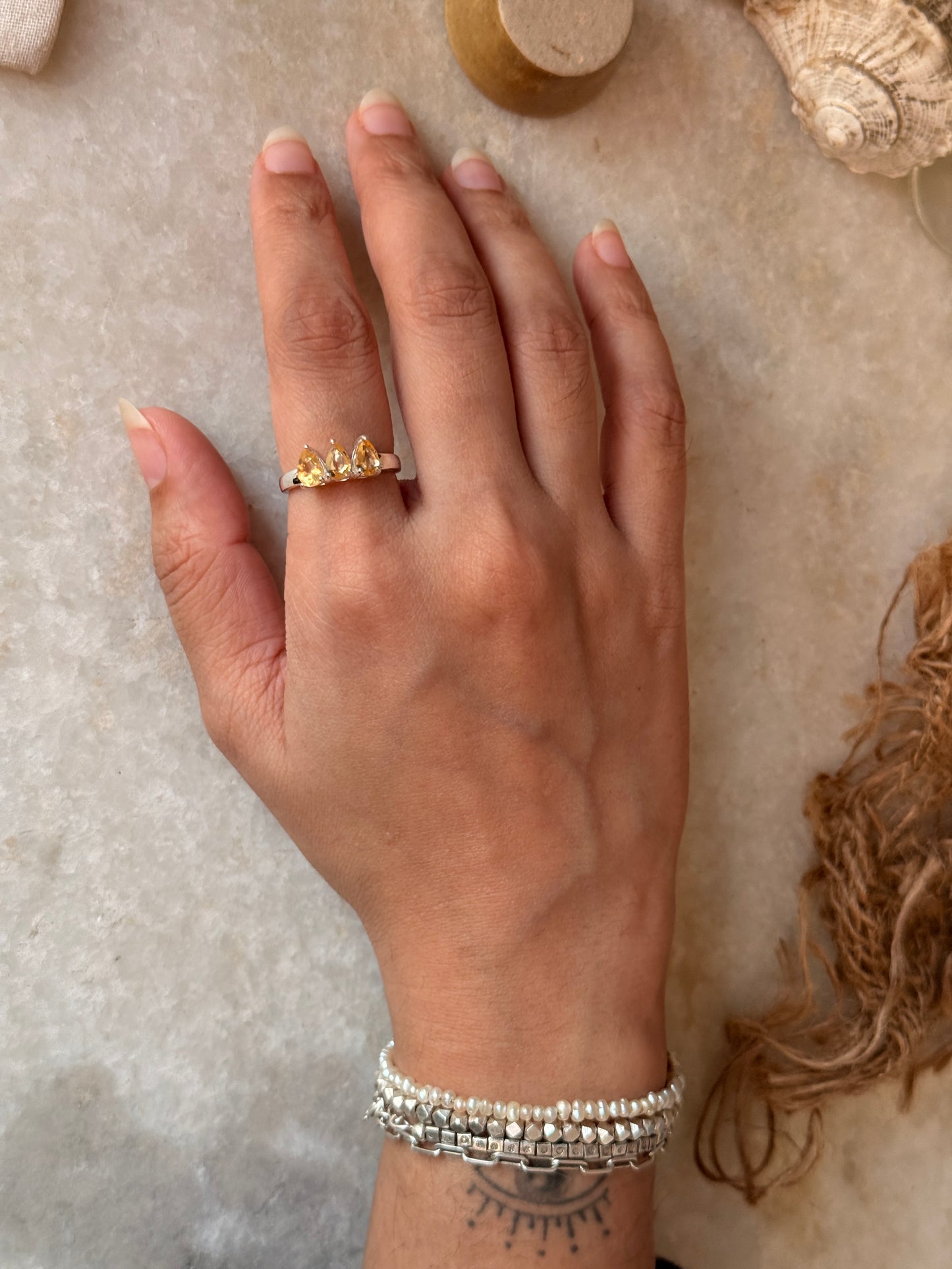 Statement 925 sterling silver citrine three pear solitaire ring