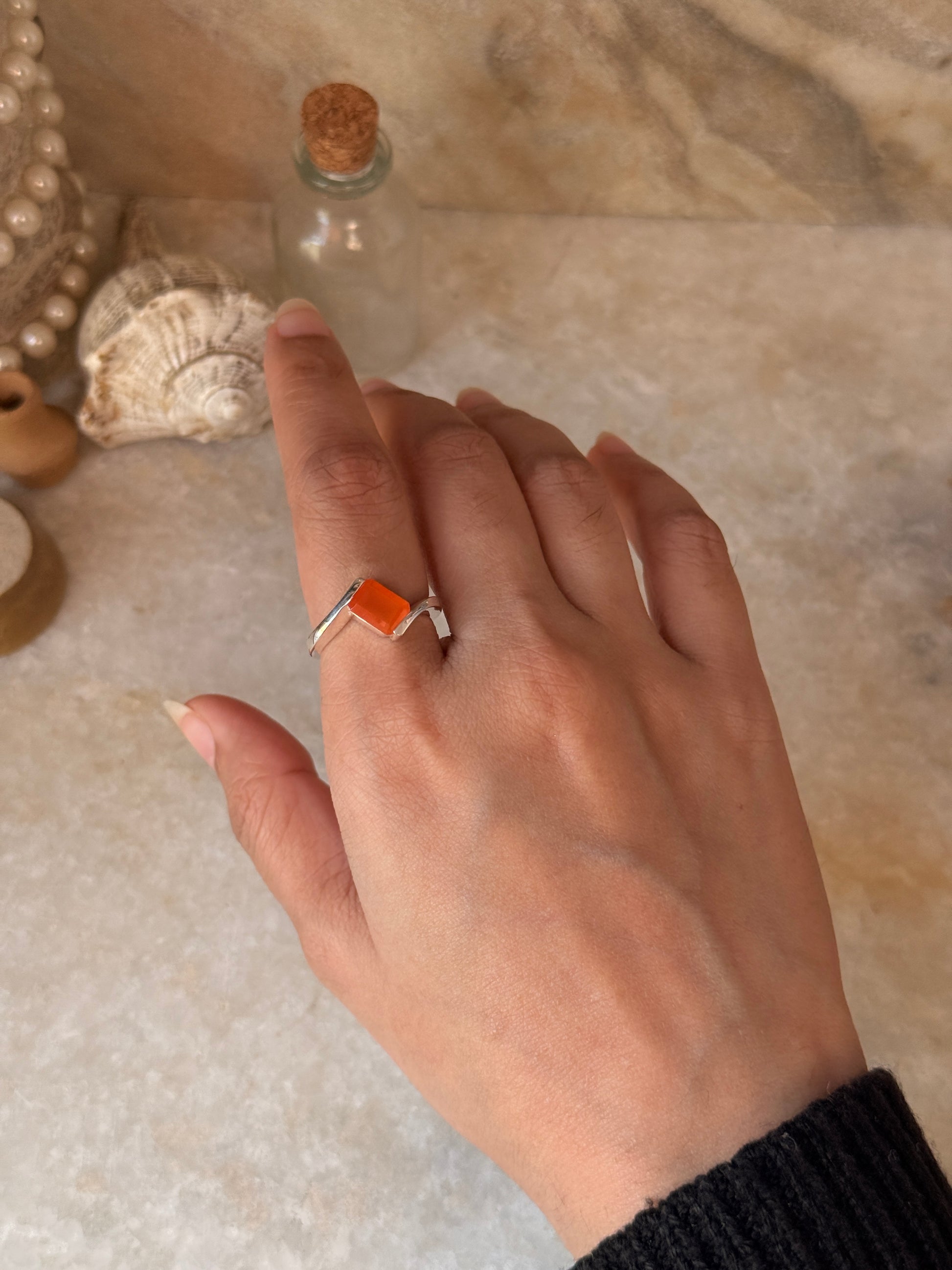 Carnelian rectangular cut ring in 925 sterling silver
