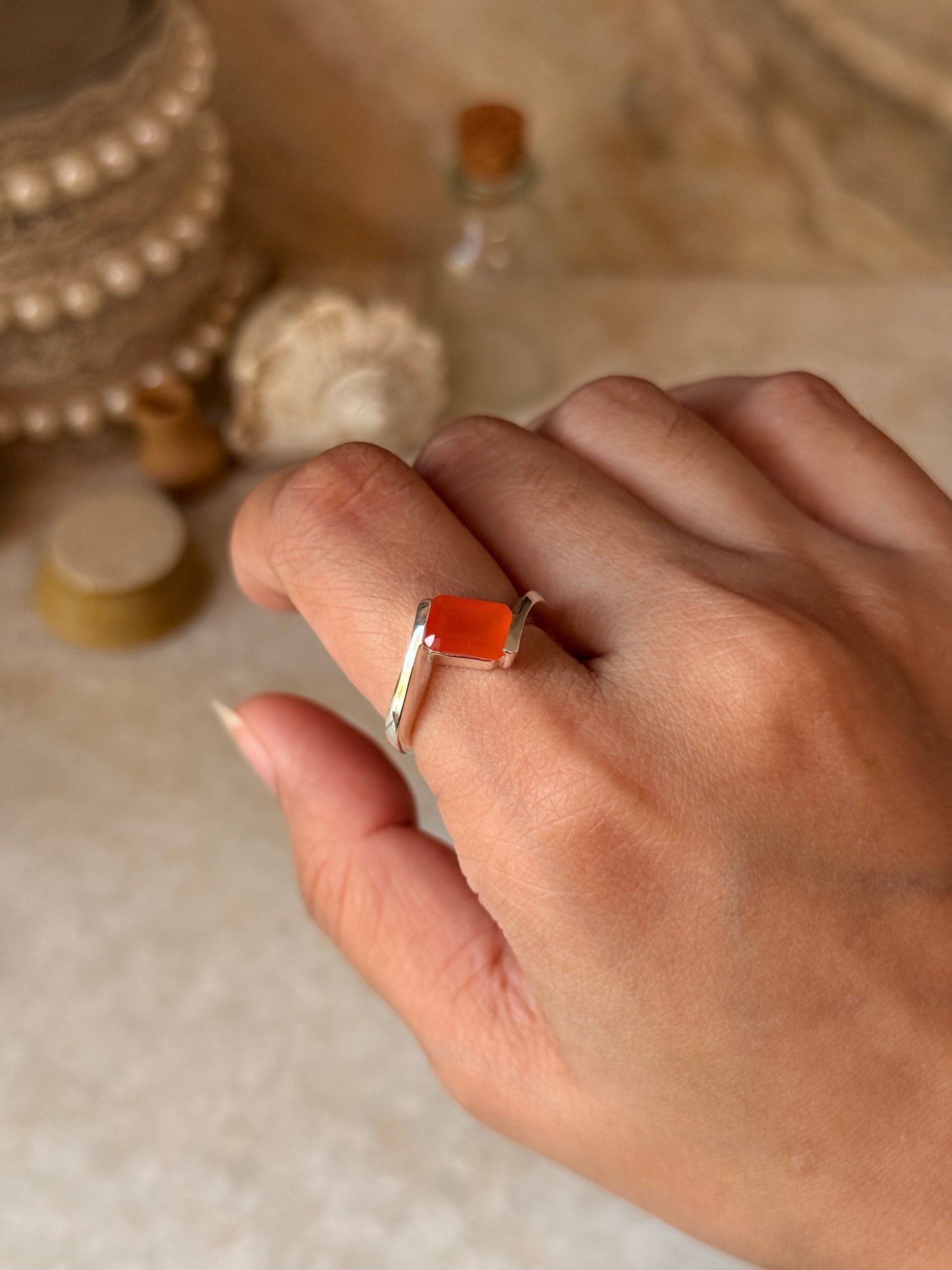 Vintage style 925 sterling silver carnelian rectangular ring  