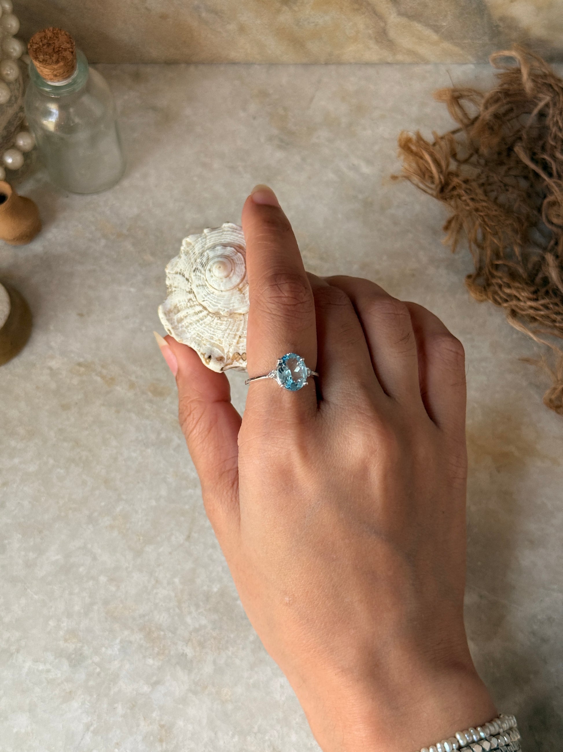 elegant blue topaz oval gemstone 925 sterling silver solitaire ring  