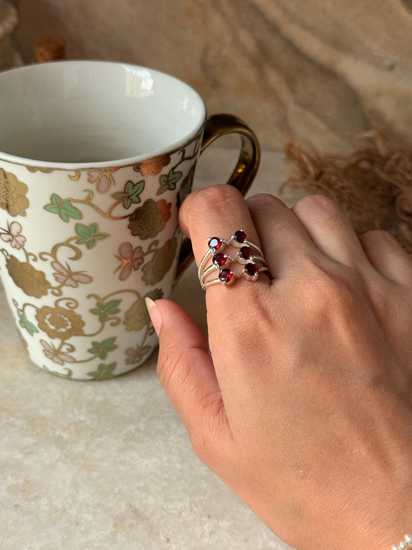 Natural garnet six stone gemstone 925 sterling silver ring  