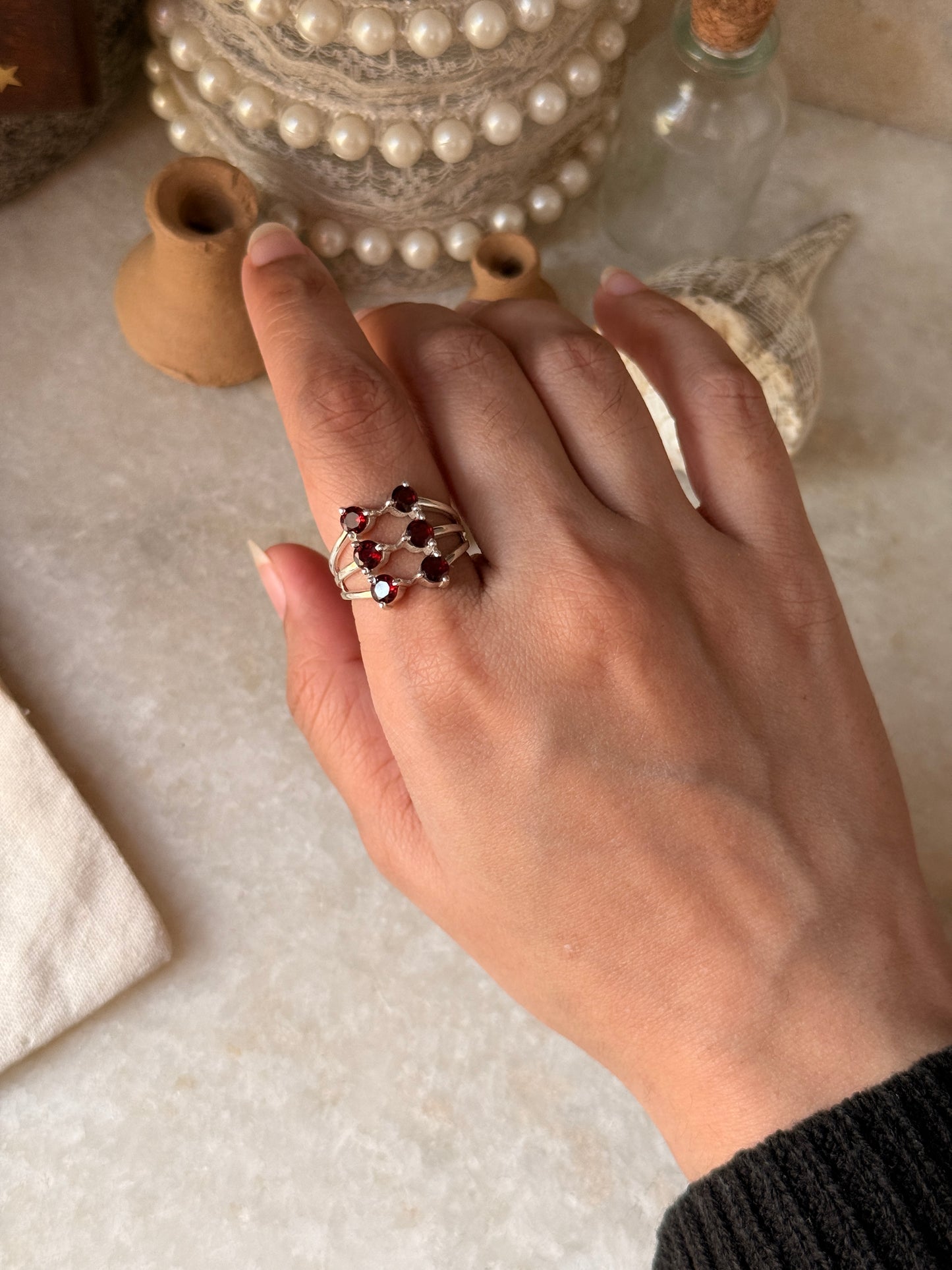 Artisan crafted garnet six stone statement 925 sterling silver ring  
