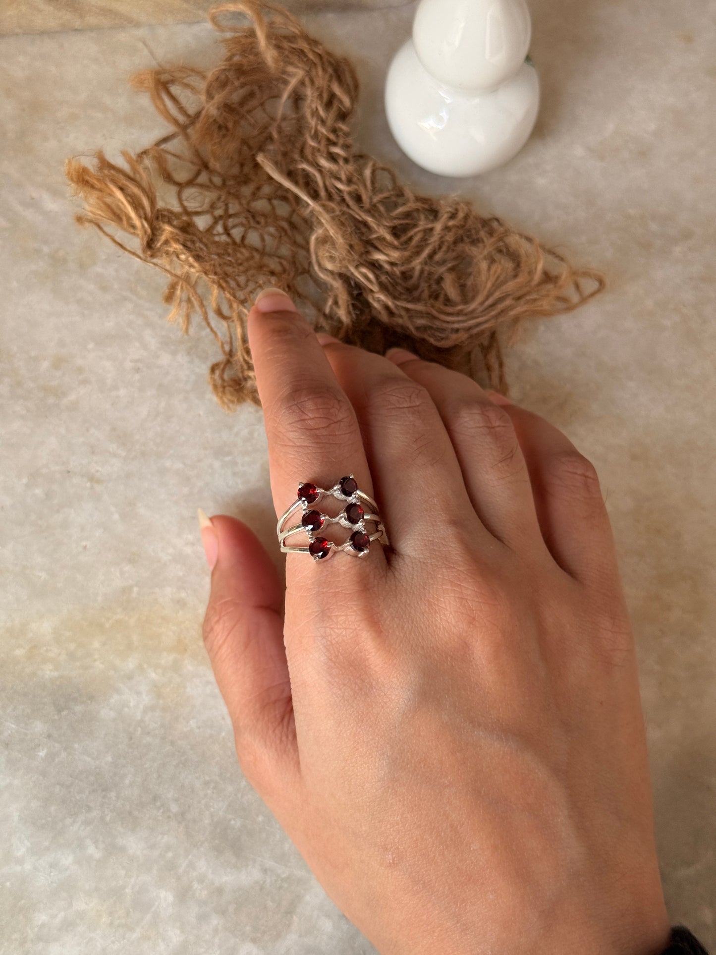 Deep red garnet 6 stone 925 sterling silver statement ring