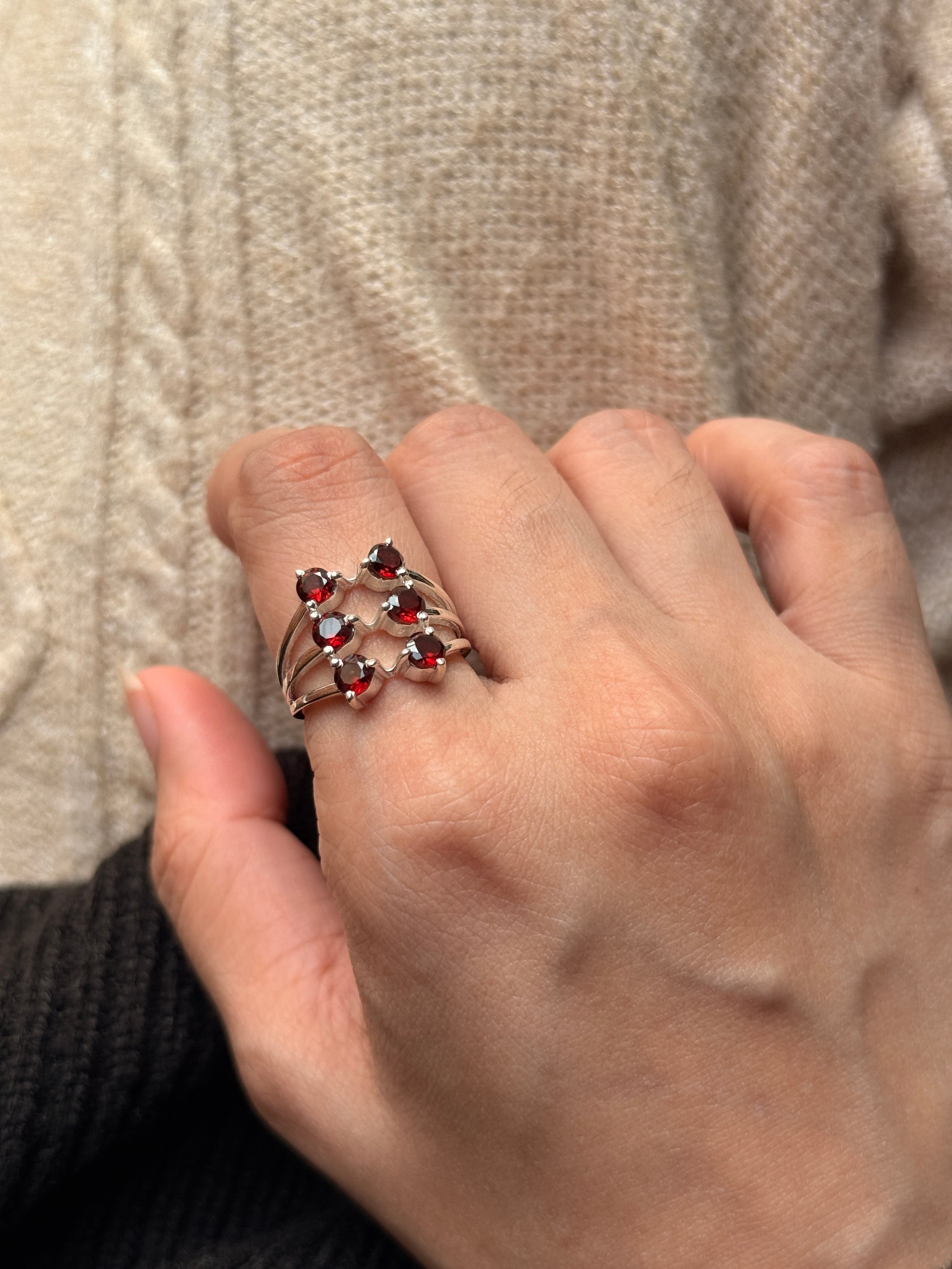 Bold 925 sterling silver garnet six stone ring