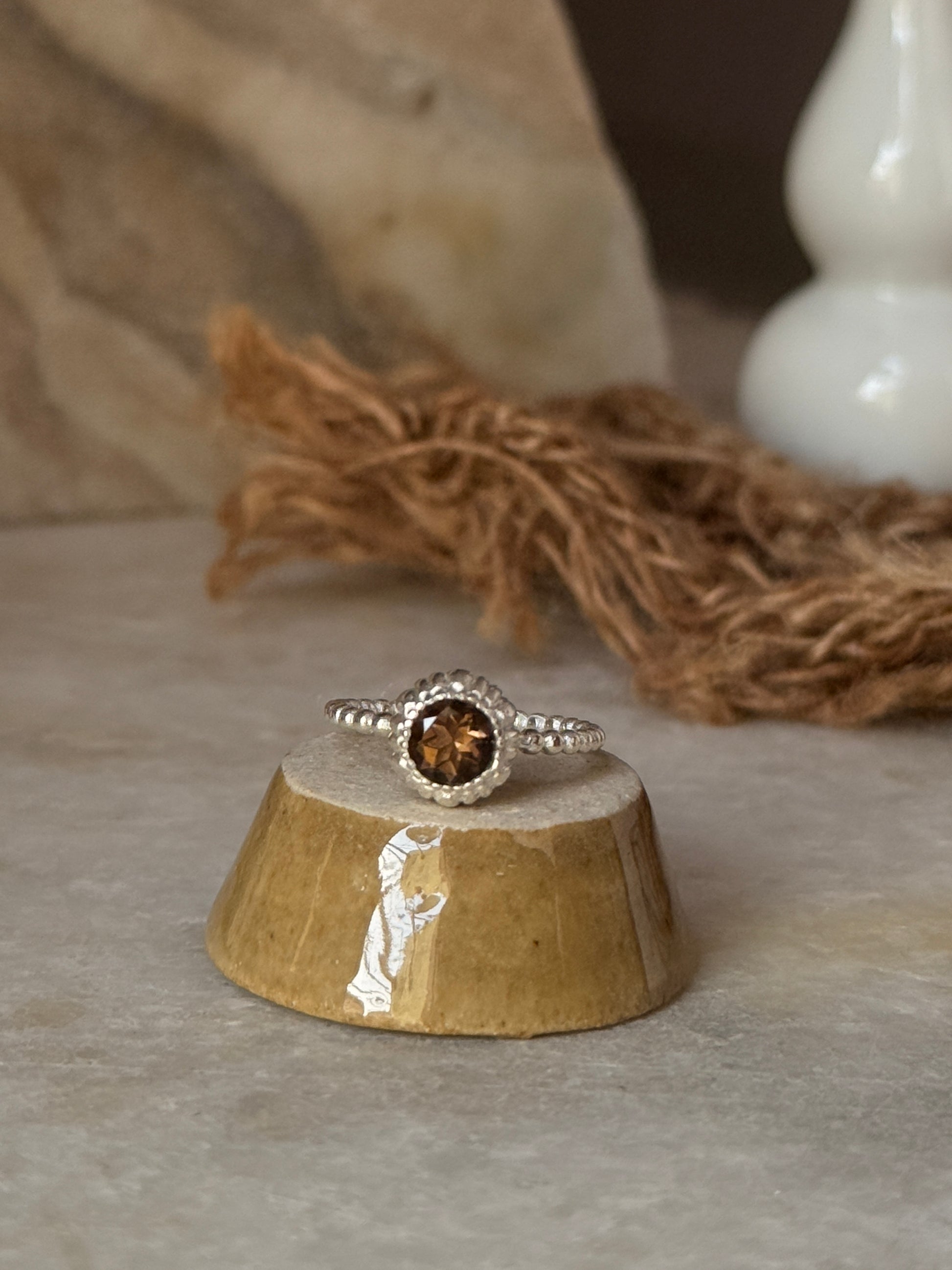 Statement 925 sterling silver smokey quartz dot ring
