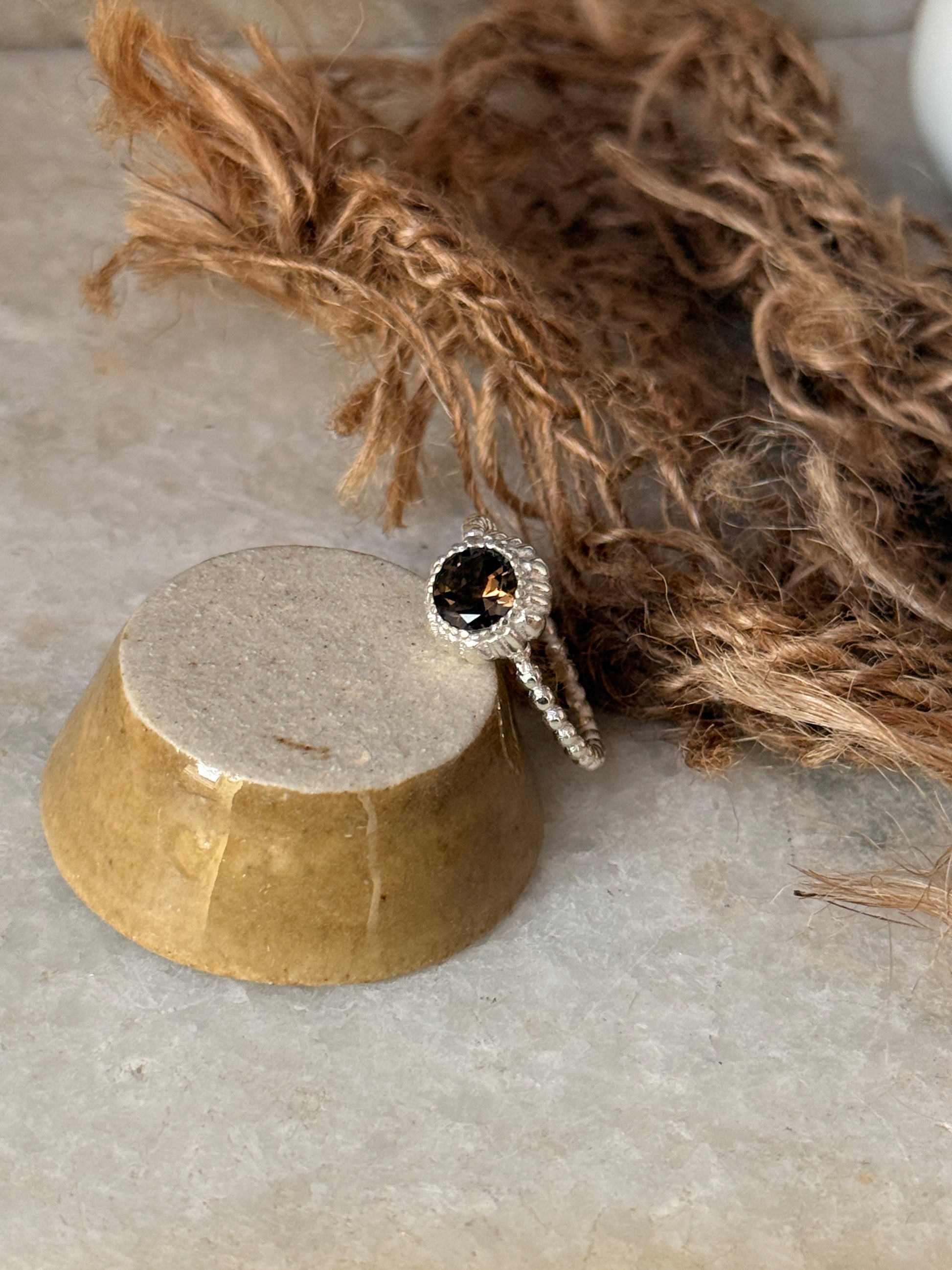 925 sterling silver smokey quartz dot band ring  