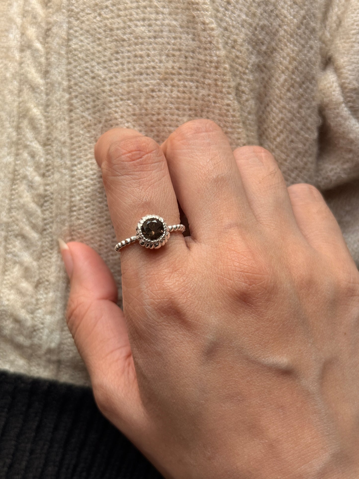 Natural smokey quartz gemstone dot band 925 sterling silver ring