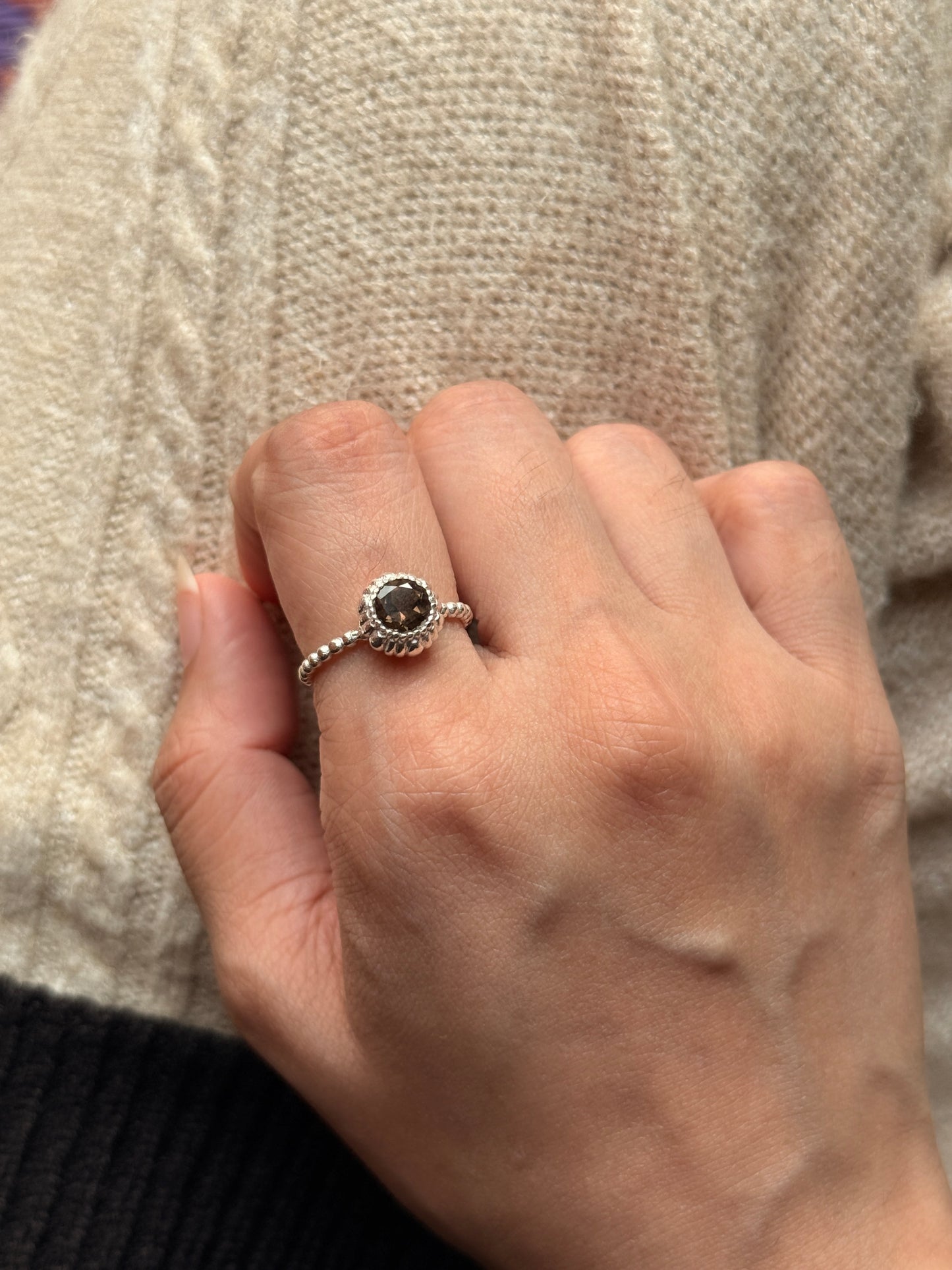 Smokey quartz dot band ring in 925 sterling silver