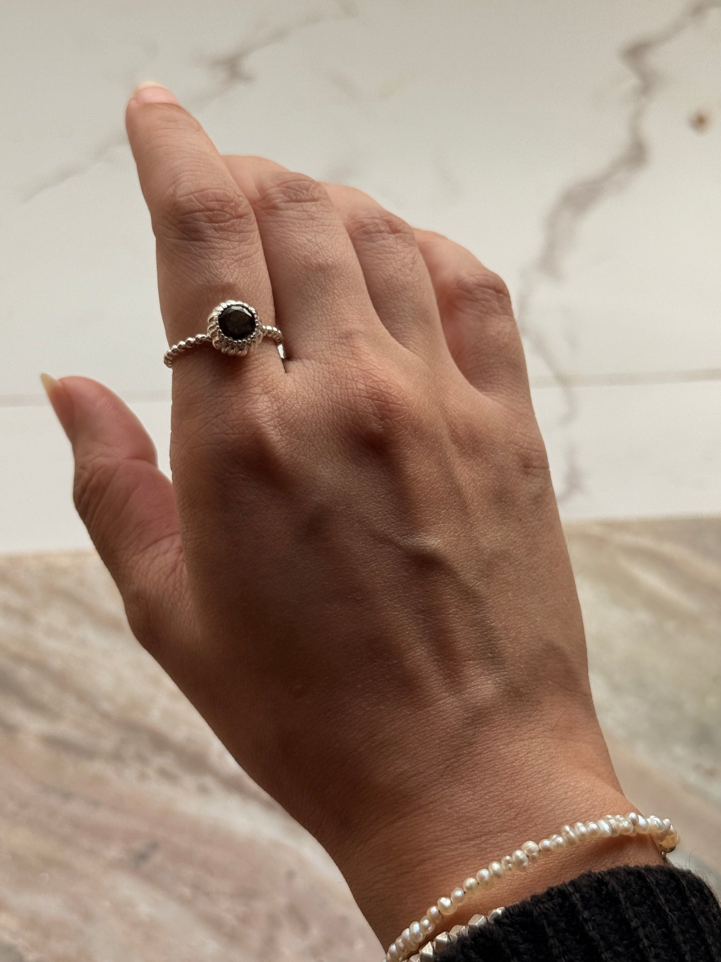 Handmade 925 sterling silver smokey quartz dot ring