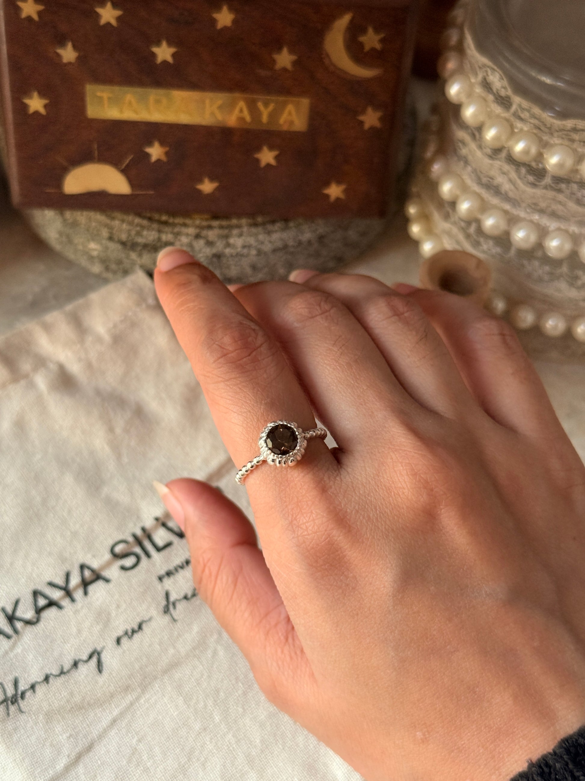 Handmade 925 sterling silver smokey quartz dot ring
