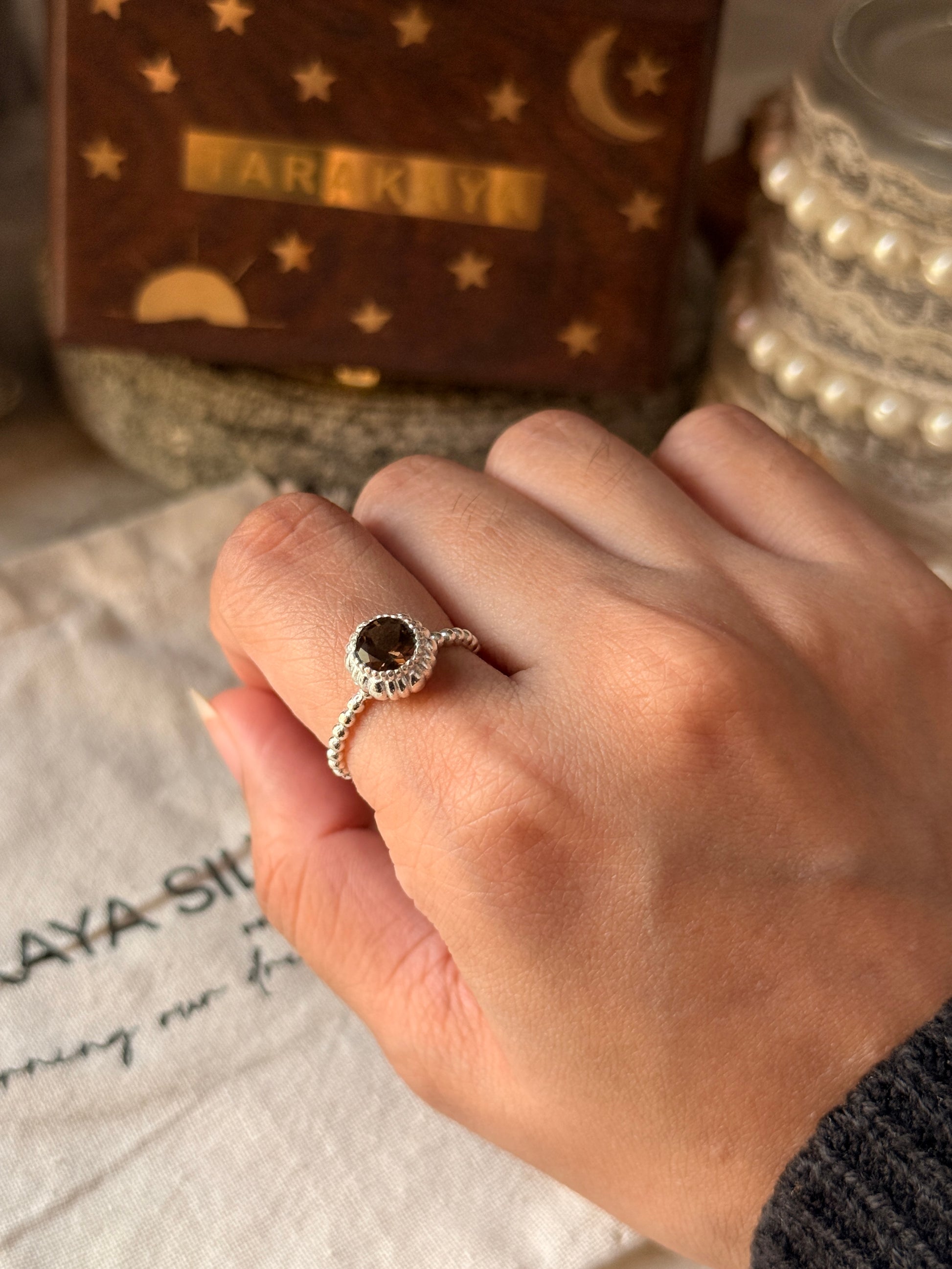 Minimalist smokey quartz dot 925 sterling silver band ring  