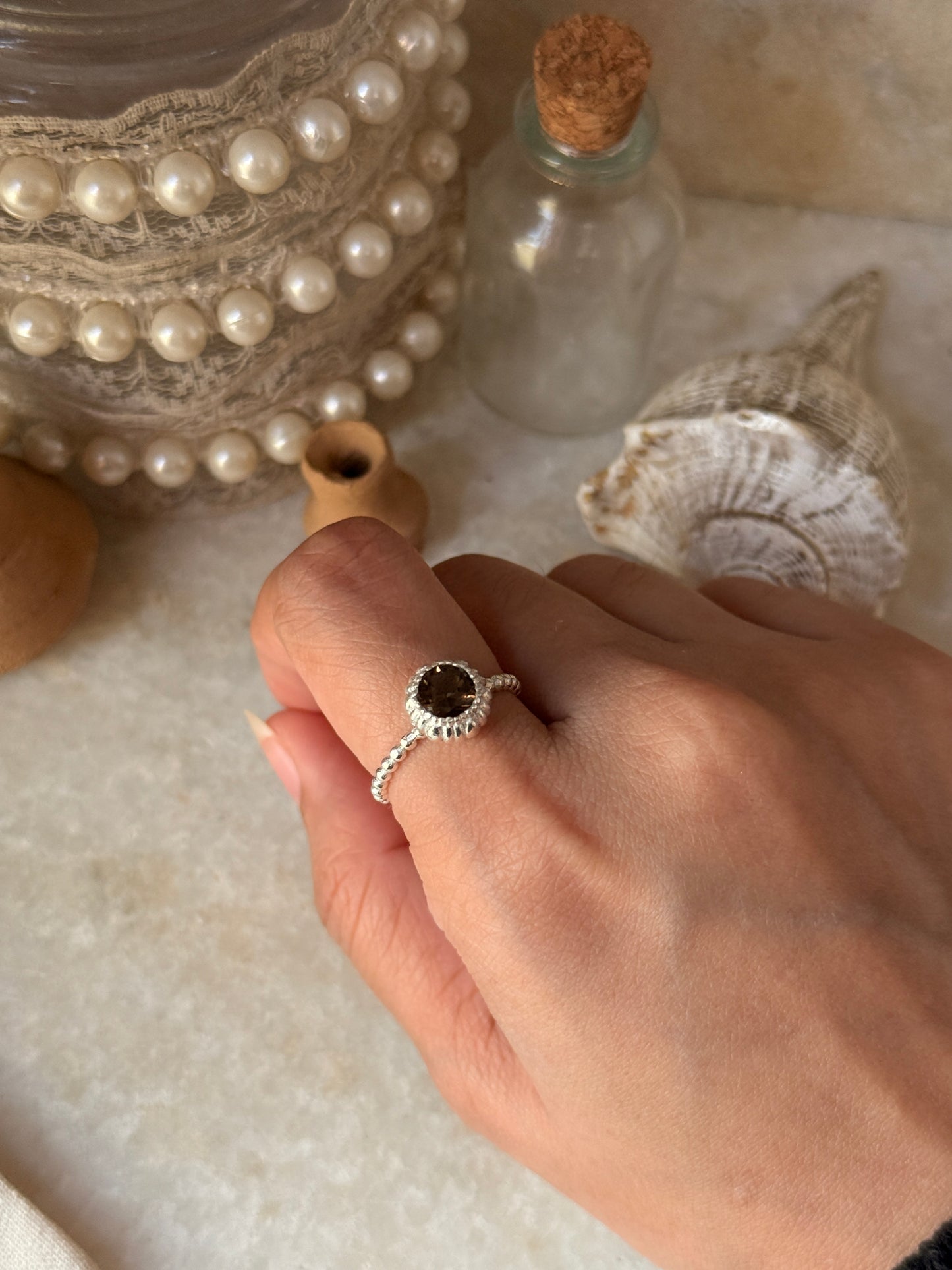 Artisan crafted smokey quartz dot 925 sterling silver band ring