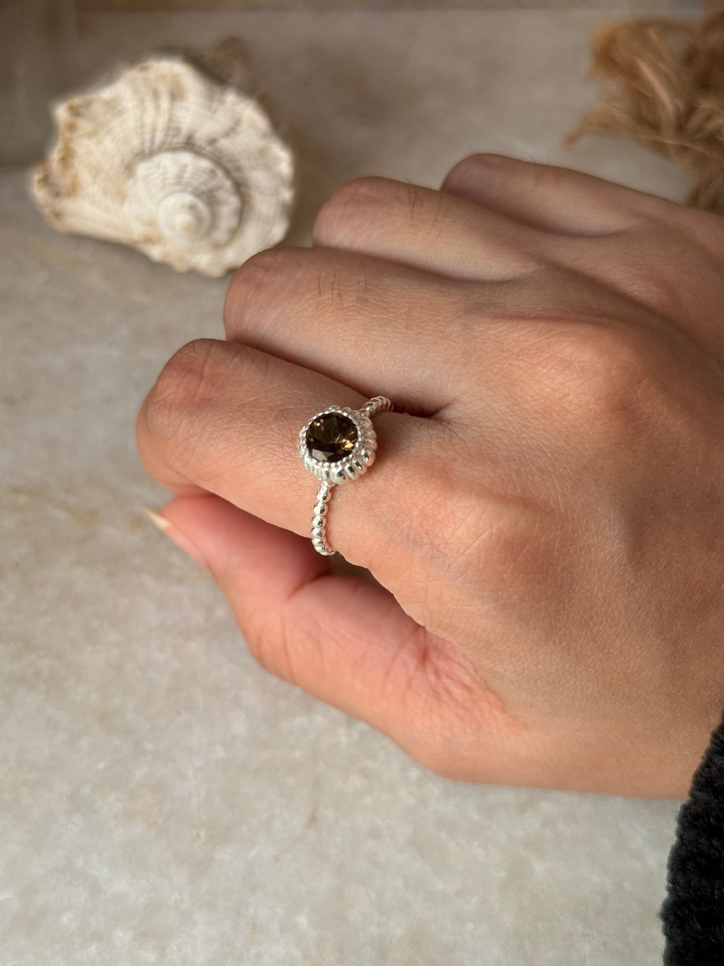 Natural smokey quartz gemstone dot band 925 sterling silver ring