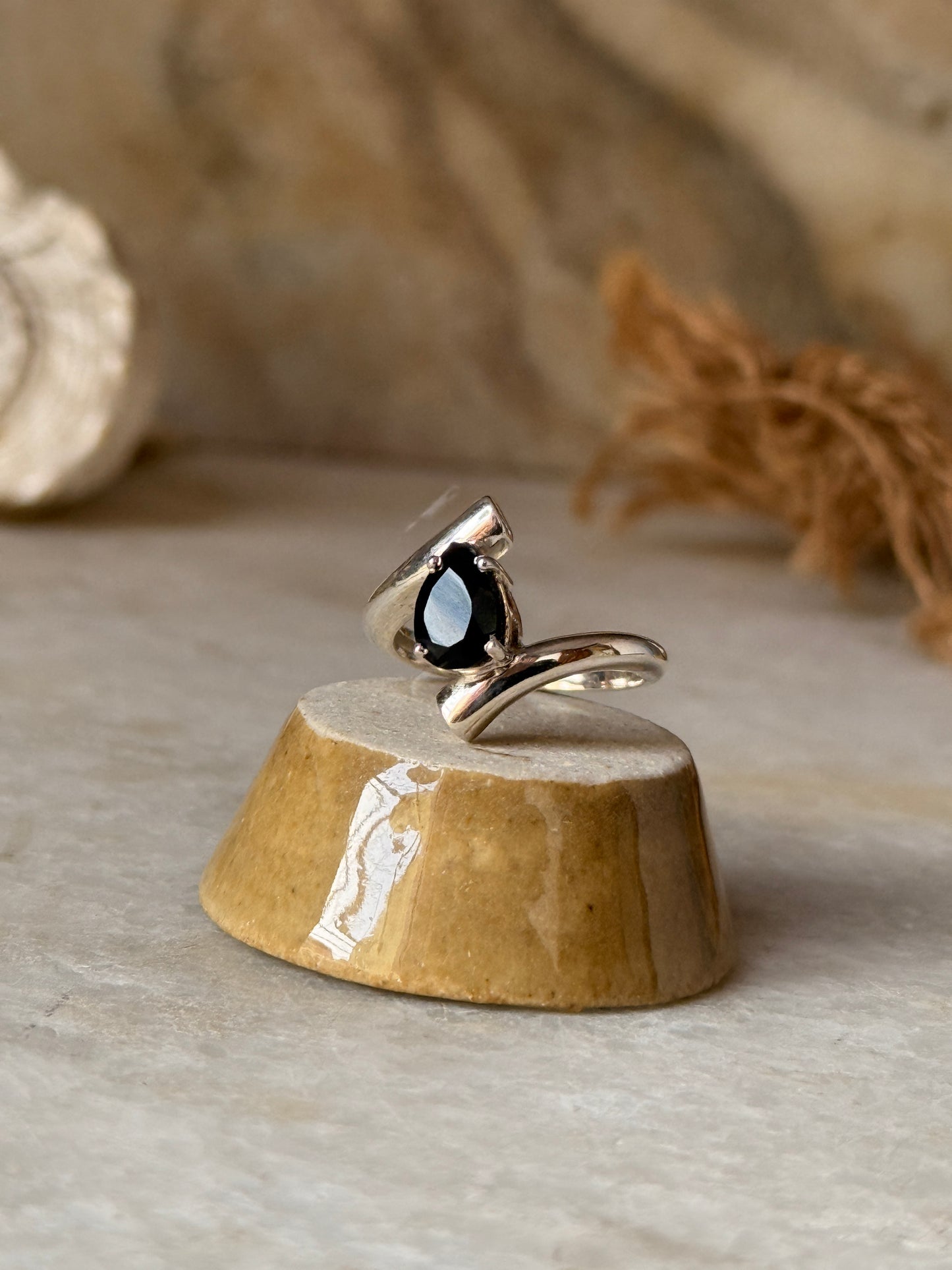 Artisan crafted black onyx pear double band 925 sterling silver ring