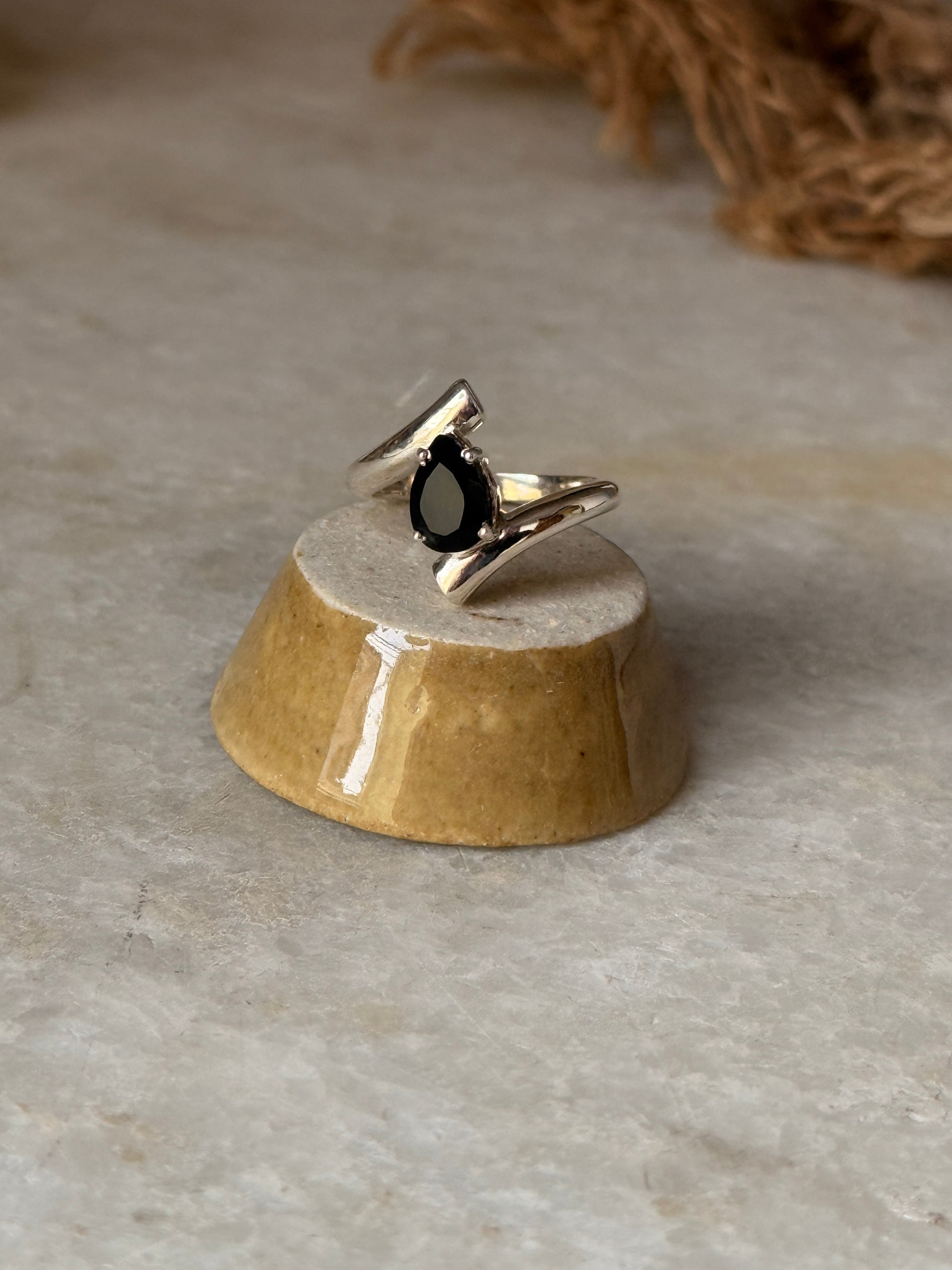 Minimalist black onyx pear double band 925 sterling silver ring  