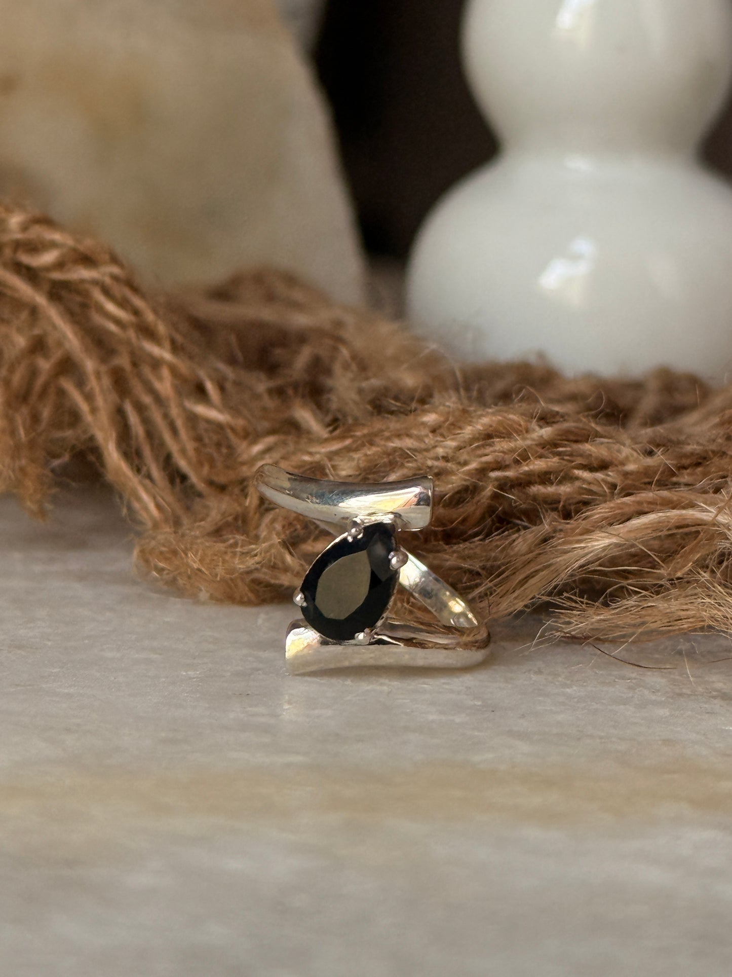 Natural black onyx pear gemstone double band 925 sterling silver ring  