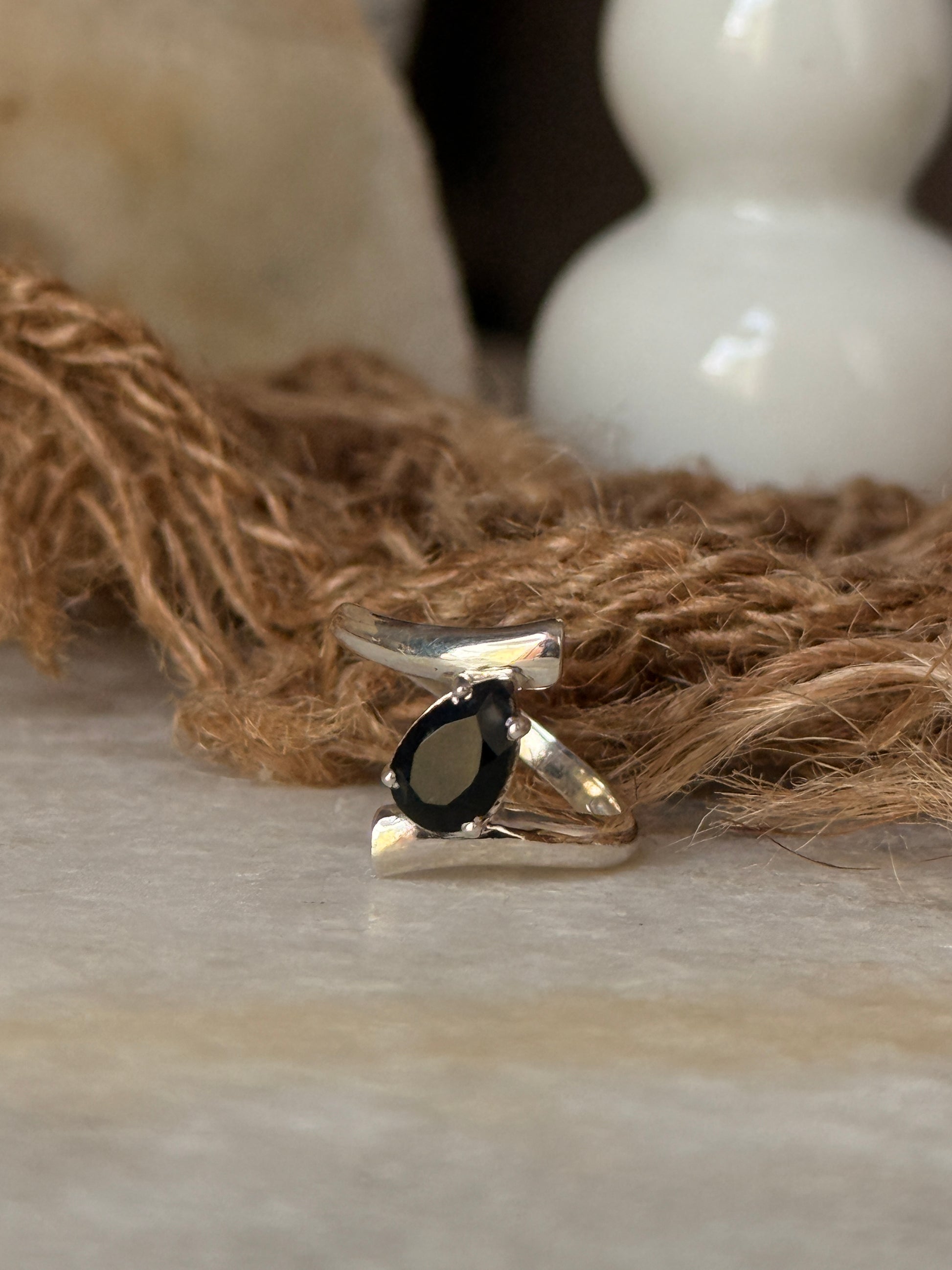 Natural black onyx pear gemstone double band 925 sterling silver ring  