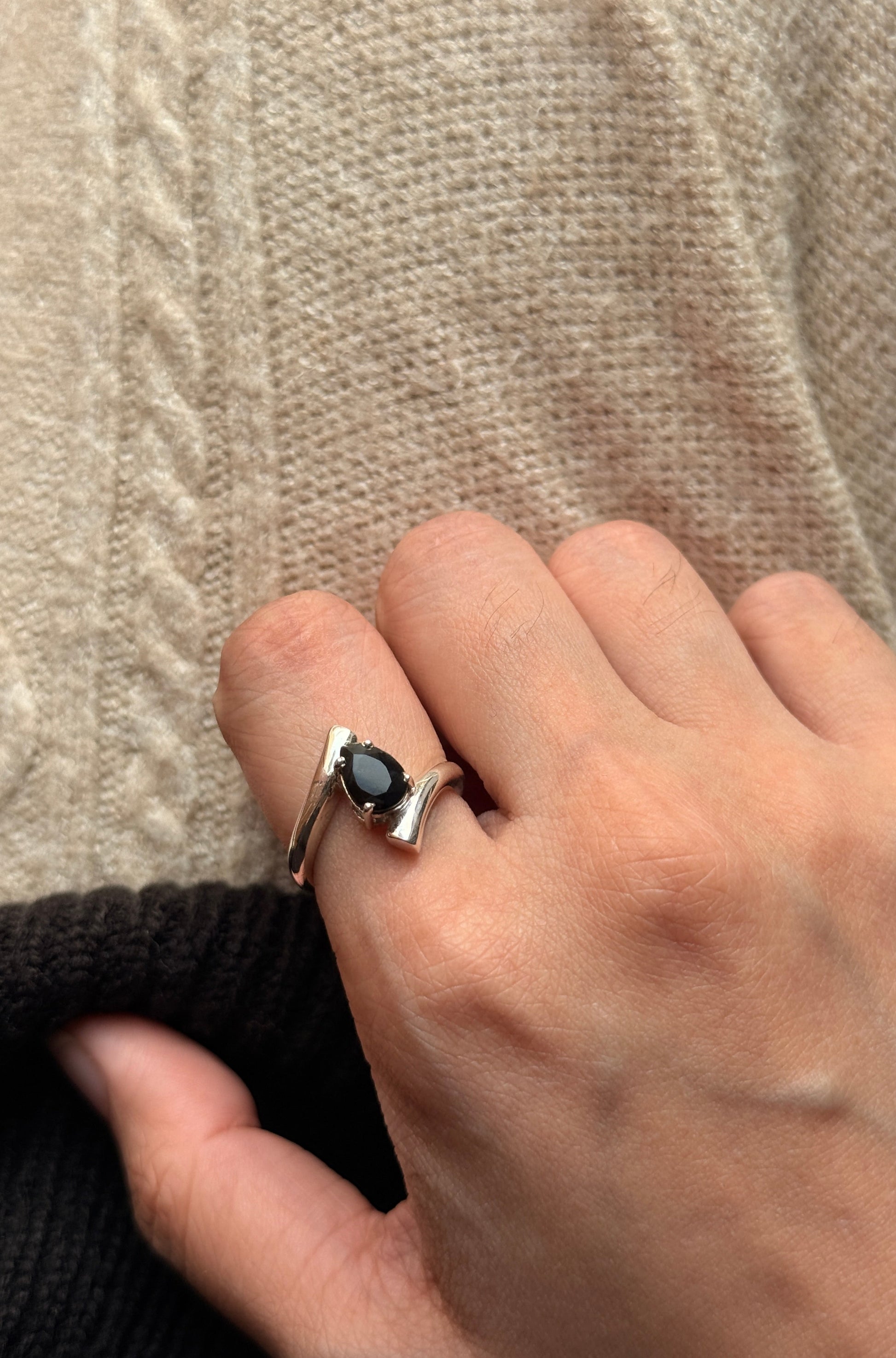 925 sterling silver black onyx pear double band ring  