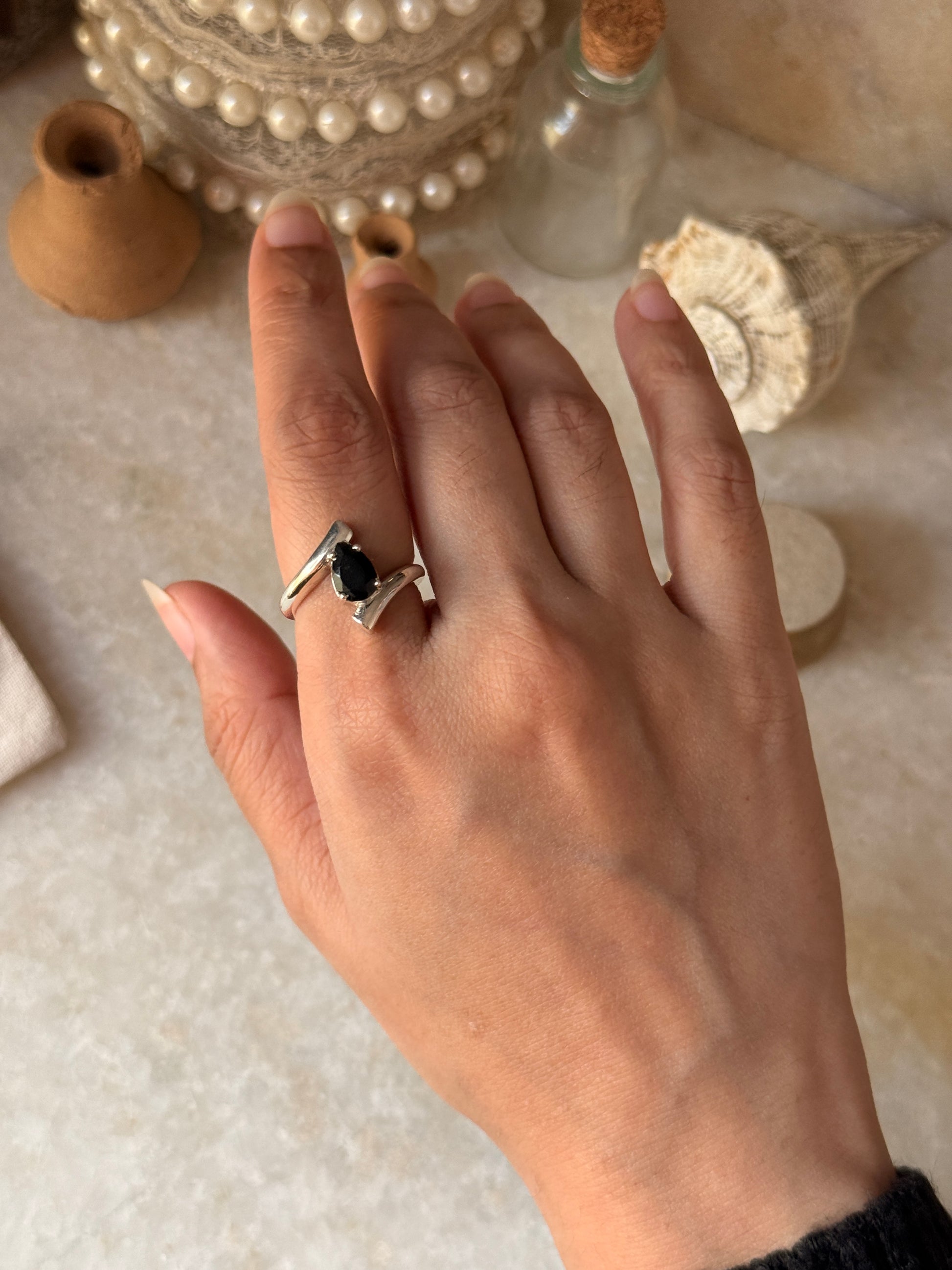 Black onyx pear double band ring in 925 sterling silver