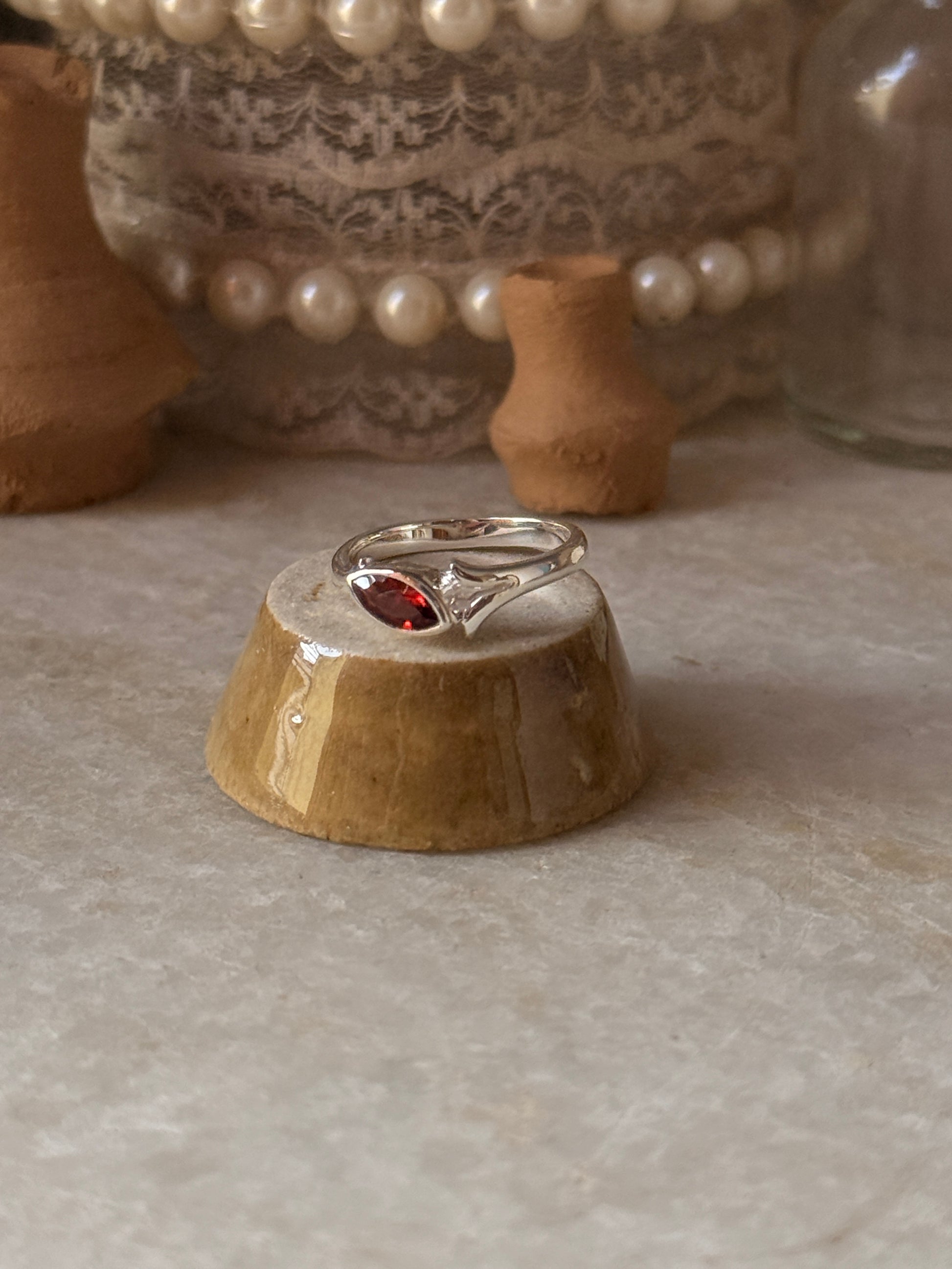Minimalist garnet marquise solitaire 925 sterling silver ring  