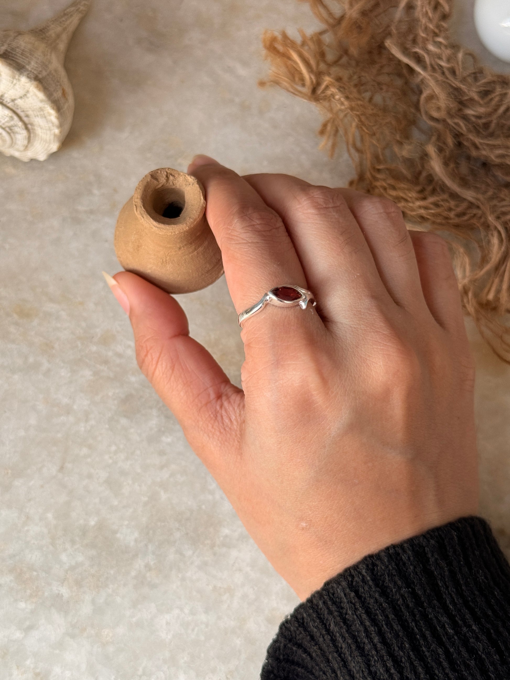 Garnet marquise cut solitaire ring in 925 sterling silver