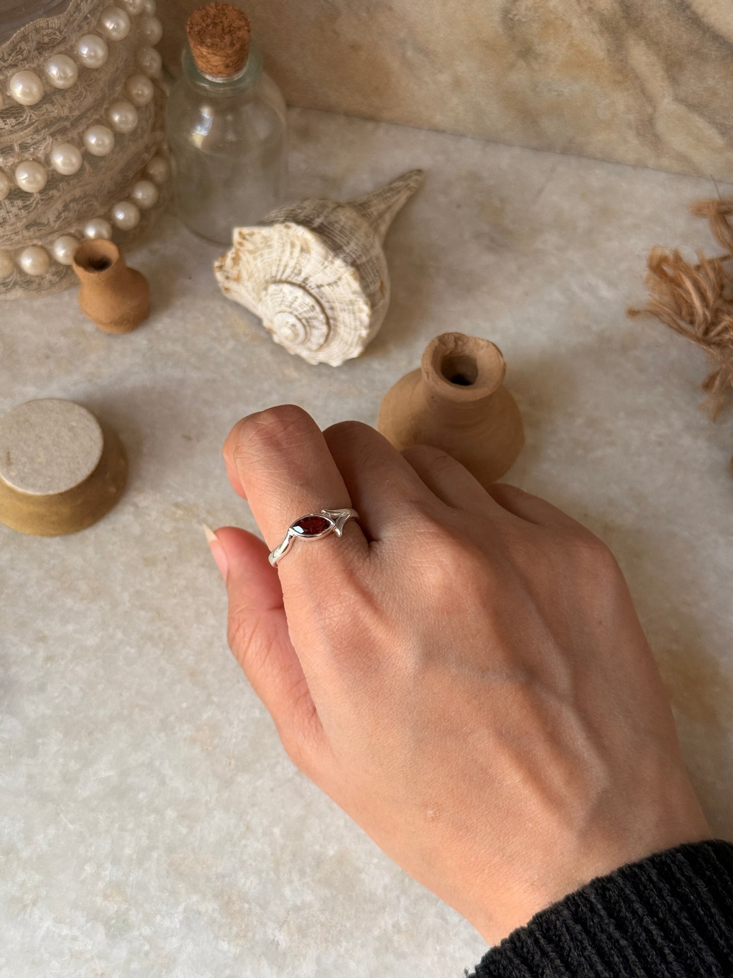 Natural garnet marquise gemstone solitaire 925 sterling silver ring 