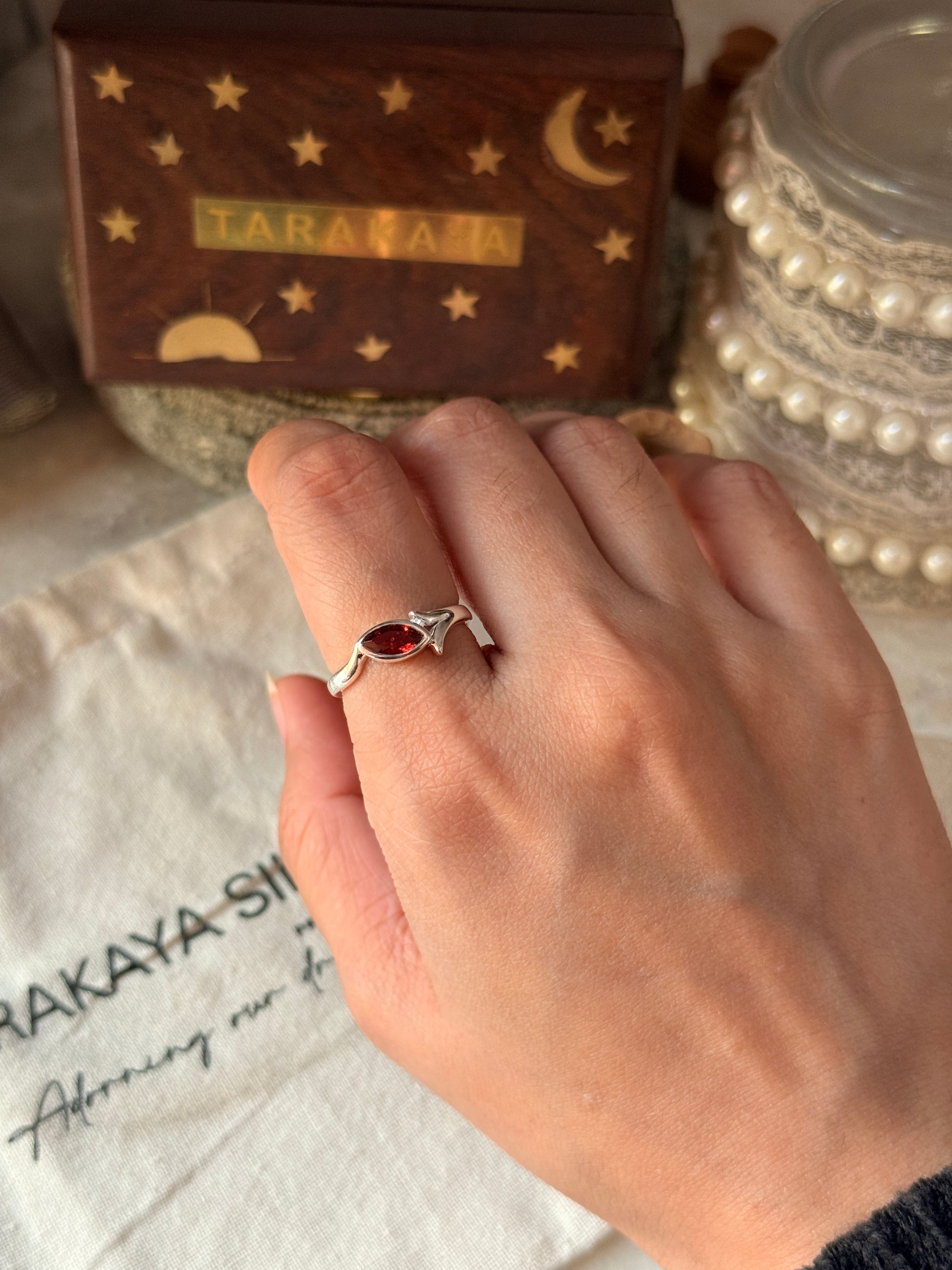 Garnet marquise cut solitaire ring in 925 sterling silver