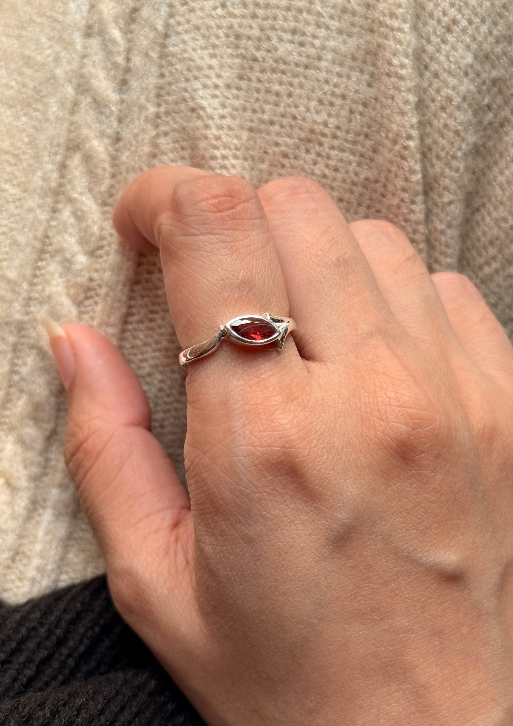 Artisan crafted garnet marquise solitaire 925 sterling silver ring