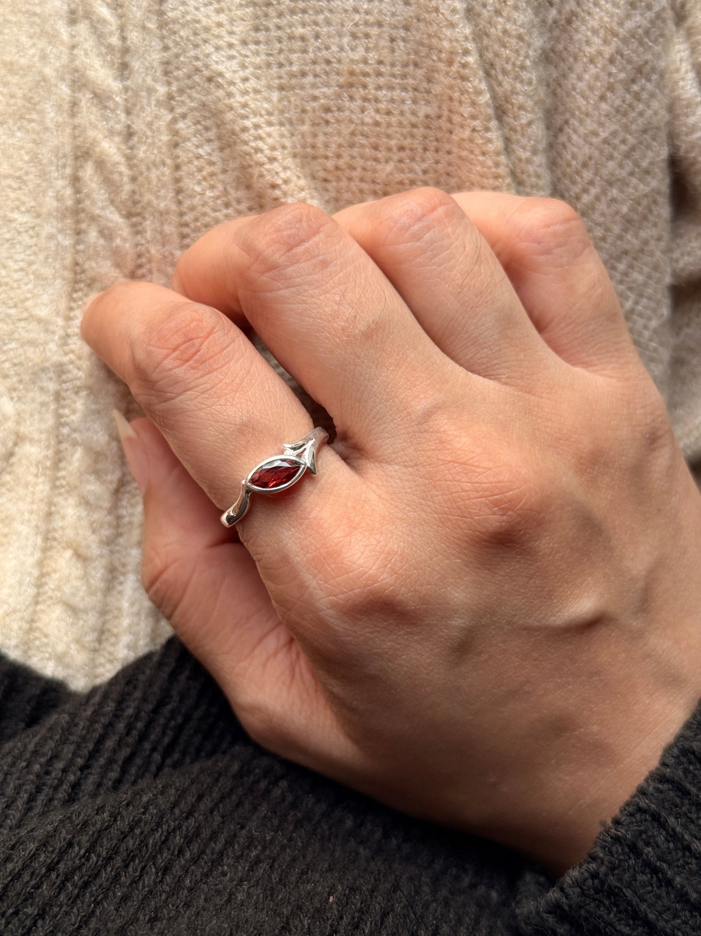 Statement 925 sterling silver garnet marquise solitaire ring