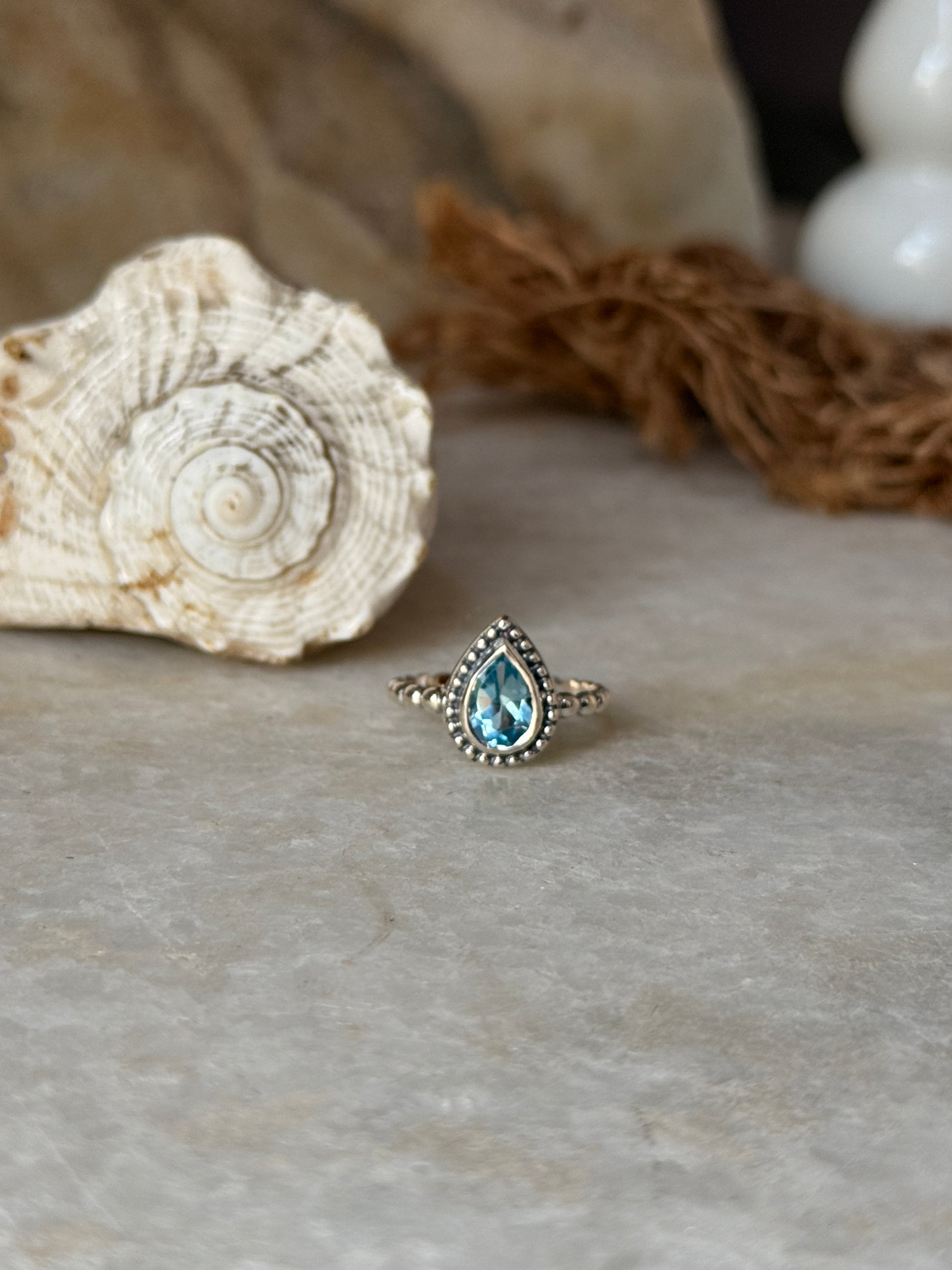 Artisan crafted blue topaz pear dot 925 sterling silver ring  