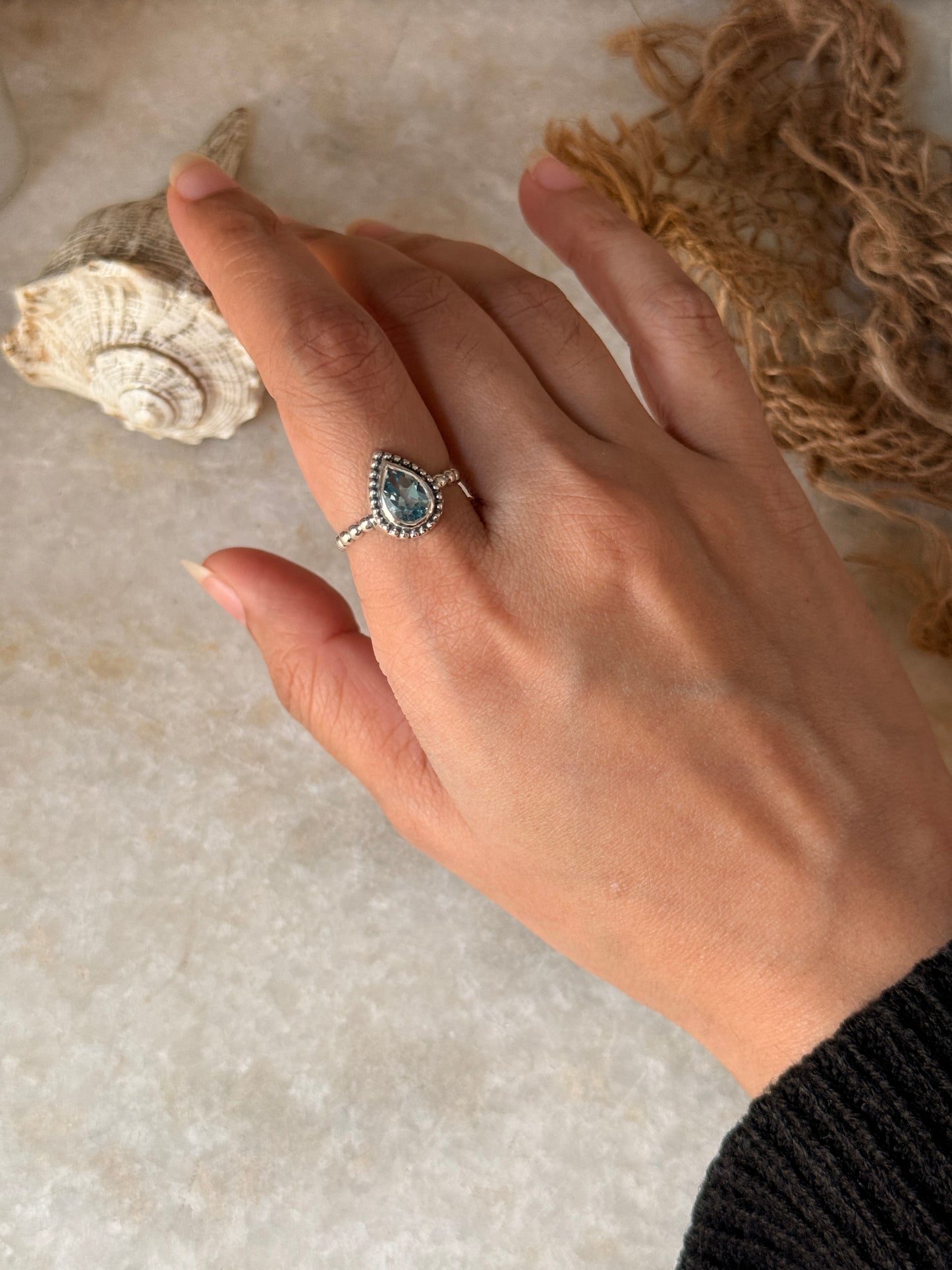 Blue topaz pear dot band ring in 925 sterling silver