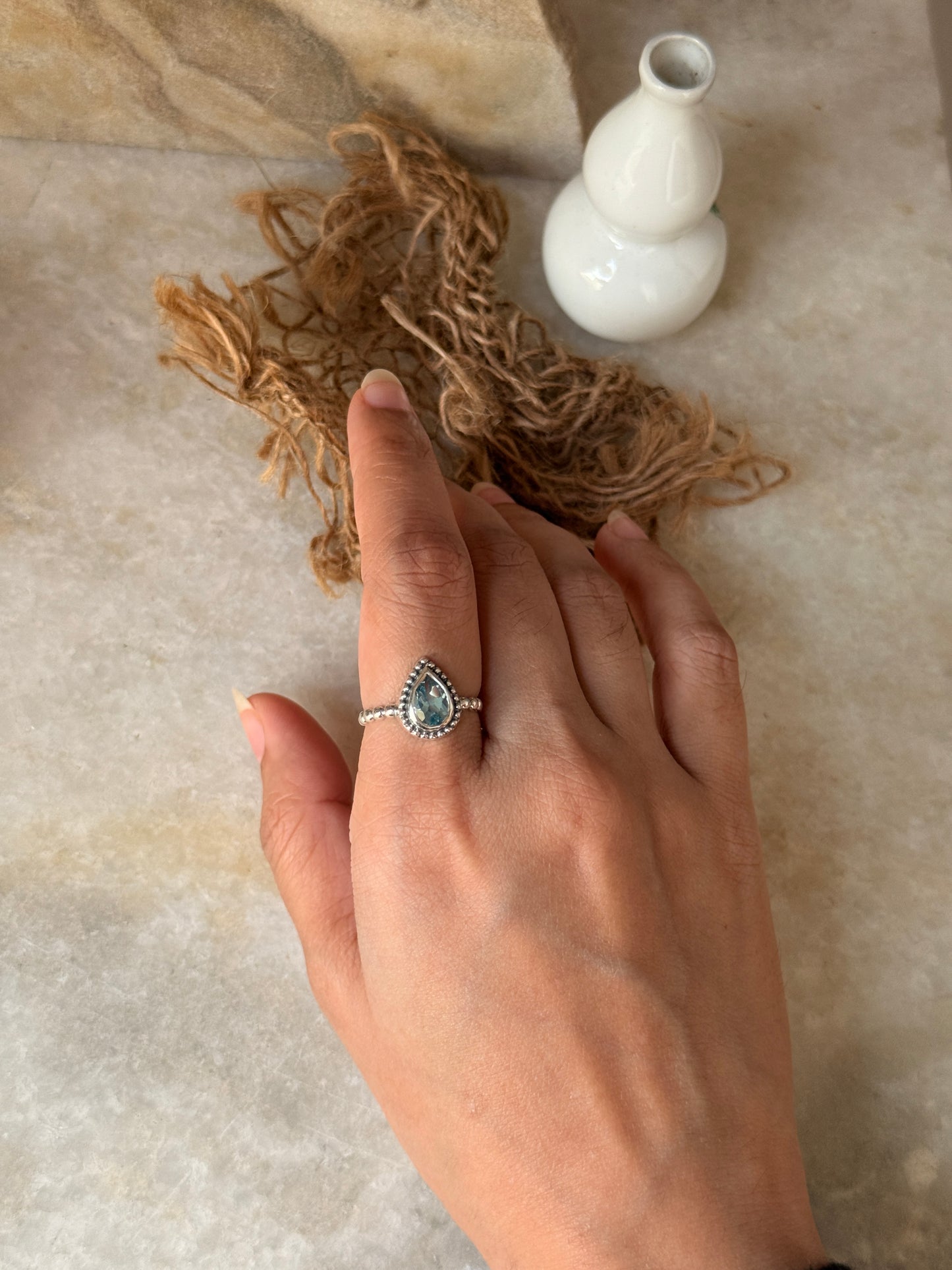 Vintage style 925 sterling silver blue topaz pear dot ring