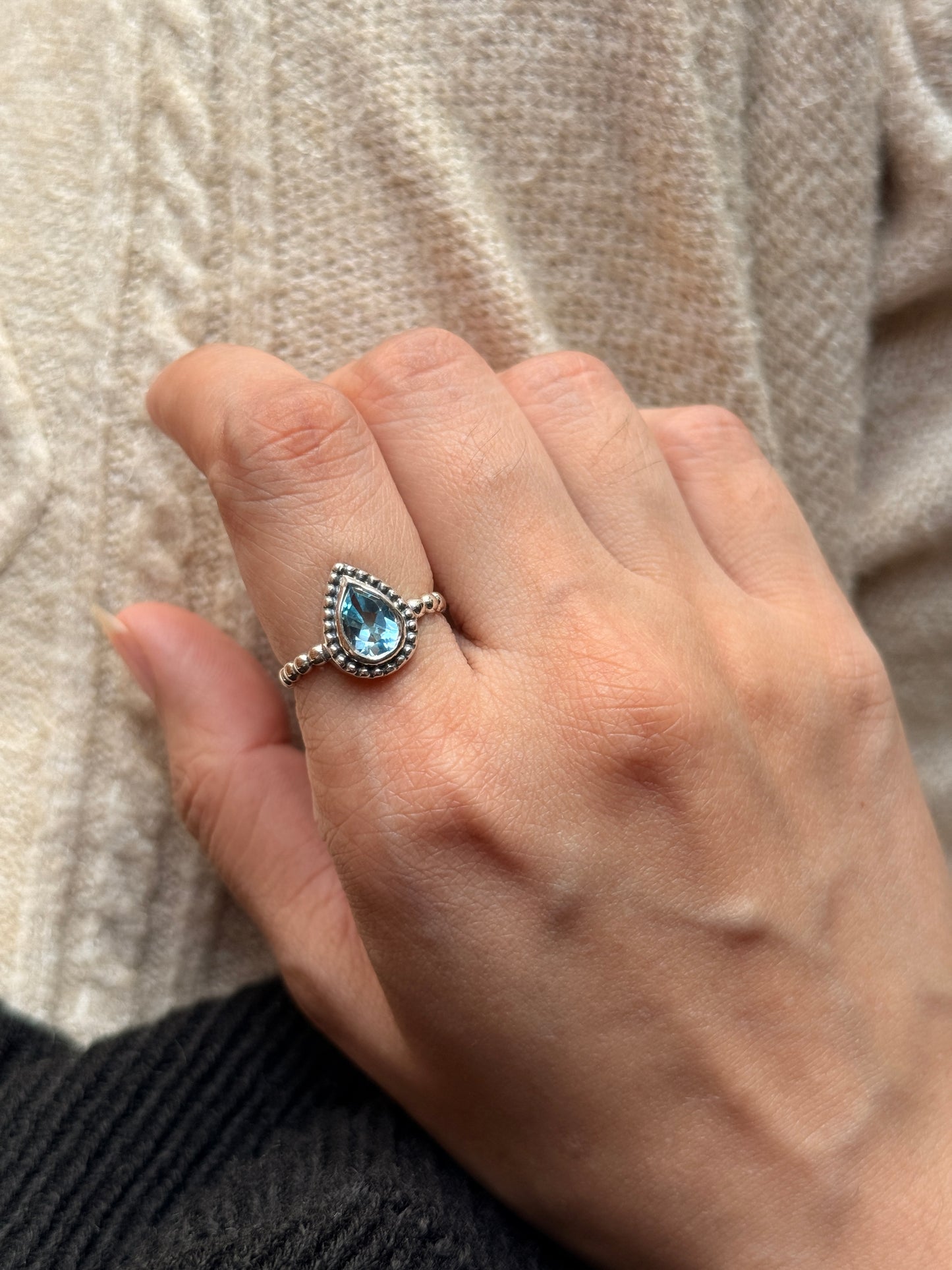 Natural blue topaz pear gemstone dot band 925 sterling silver ring  
