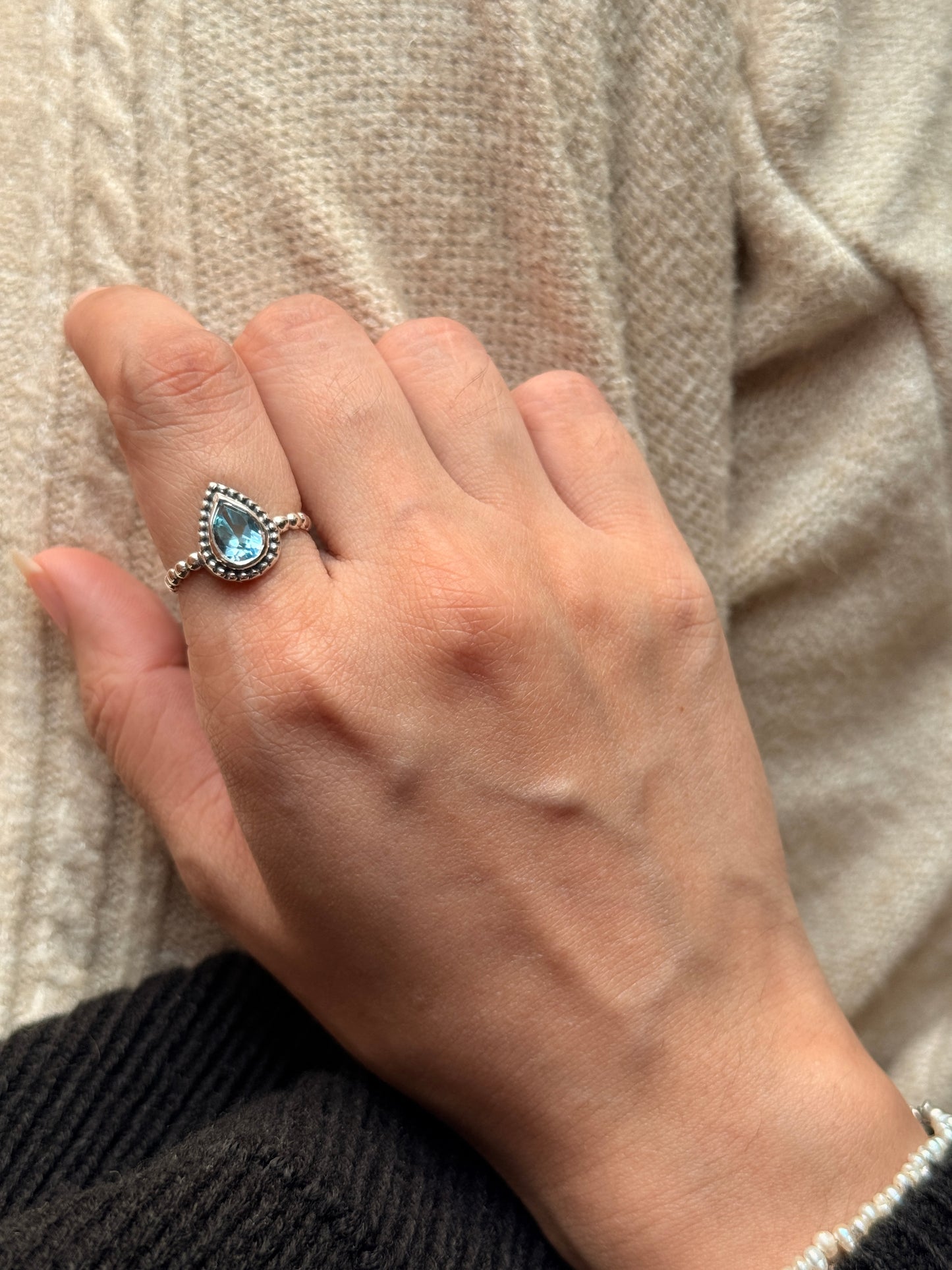 Handmade 925 sterling silver blue topaz pear dot ring
