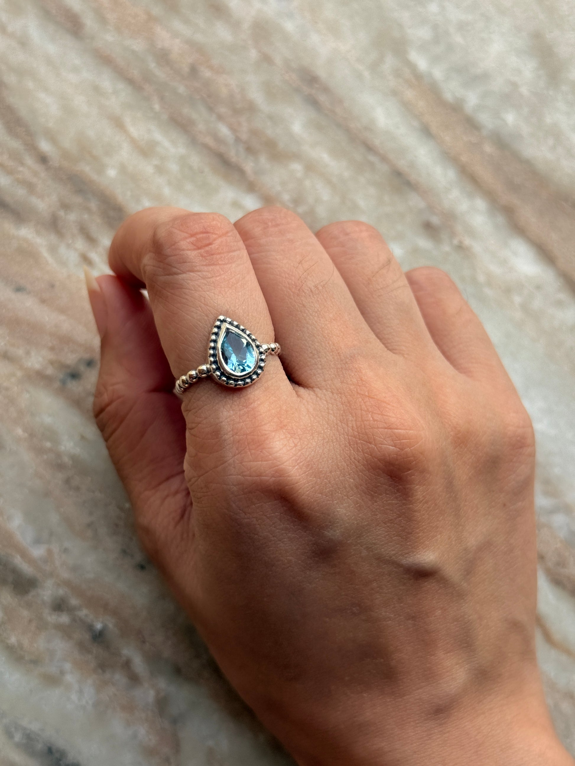 Statement 925 sterling silver blue topaz pear dot ring