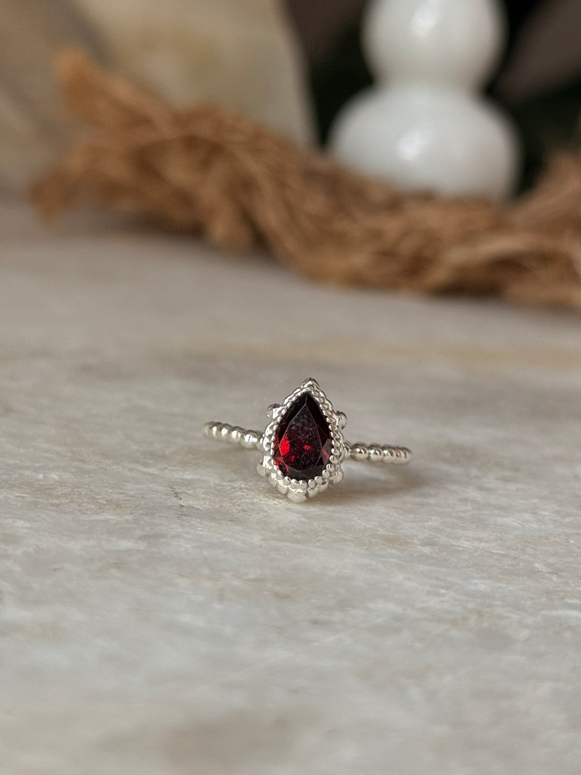 Artisan crafted garnet pear dot band 925 sterling silver ring