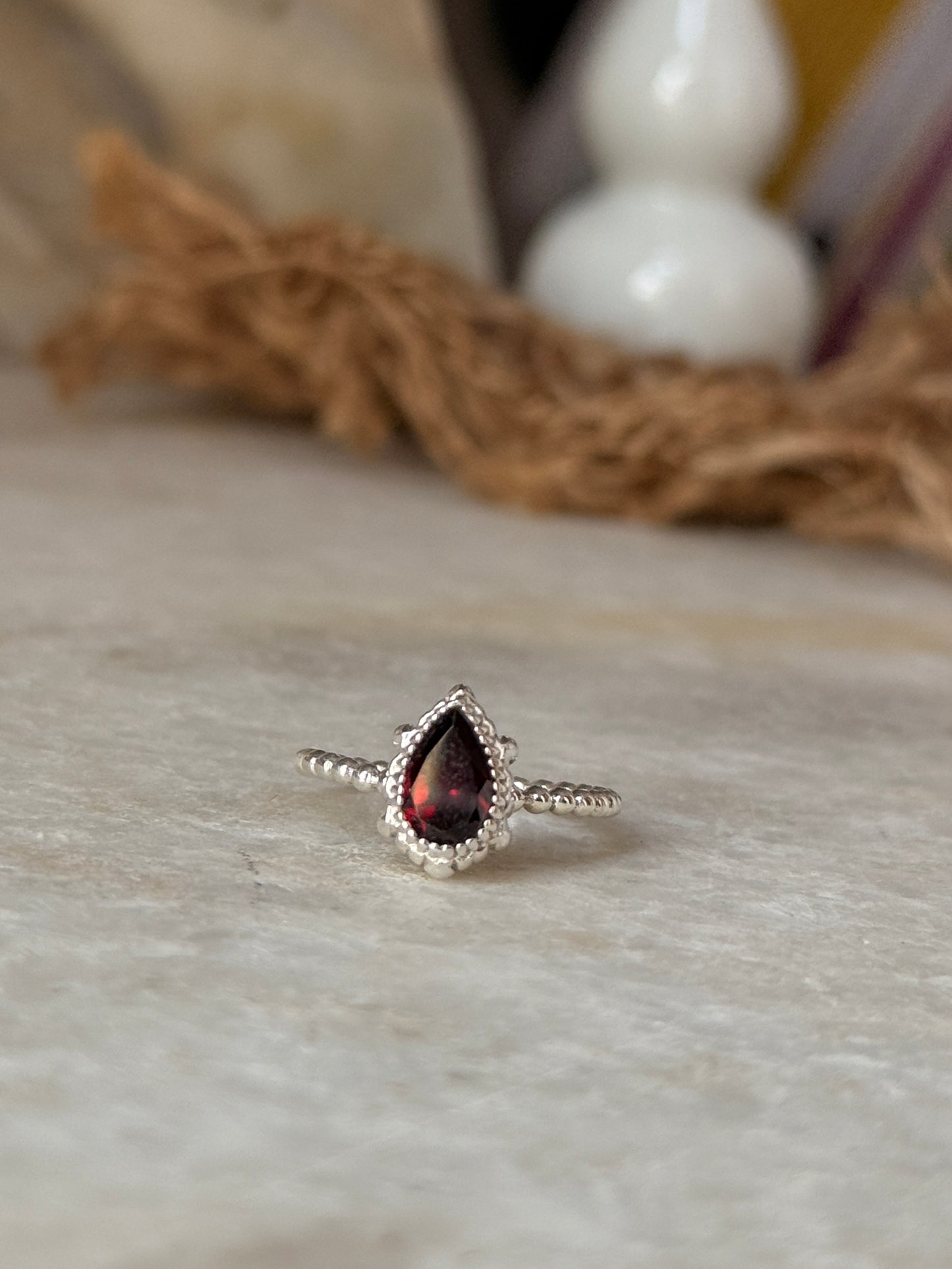 Minimalist garnet pear dot 925 sterling silver band ring  